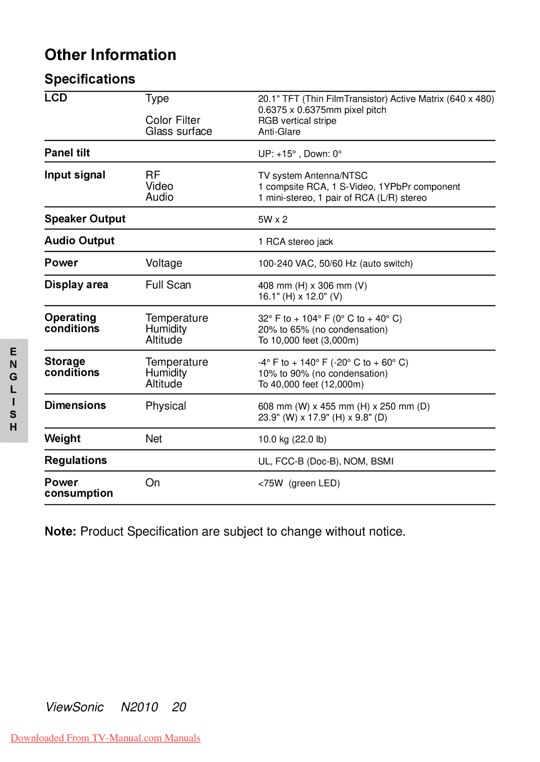 ViewSonic N2010 manual Specifications, Lcd 