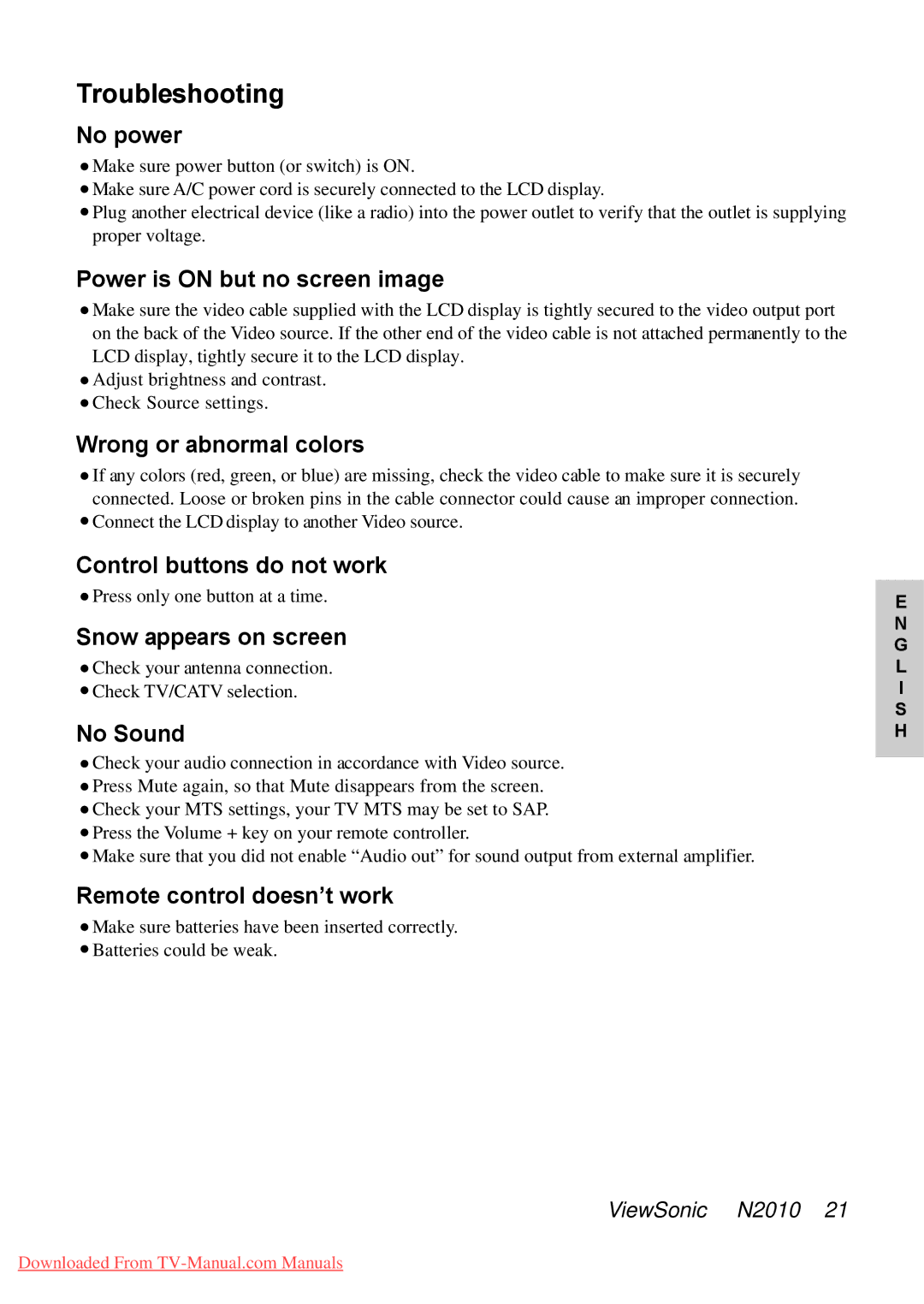 ViewSonic N2010 manual Troubleshooting 