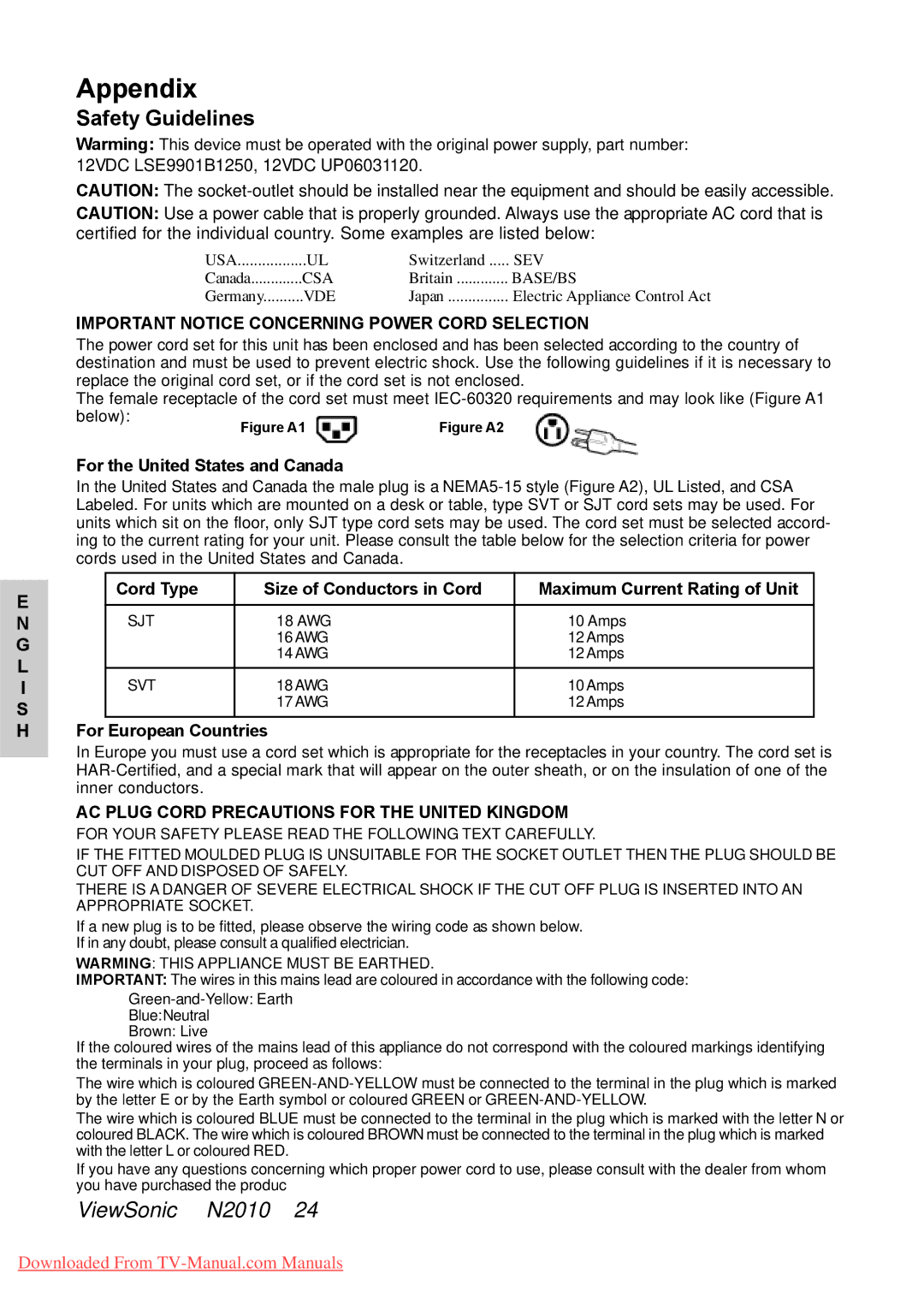 ViewSonic N2010 manual Safety Guidelines, Important Notice Concerning Power Cord Selection 