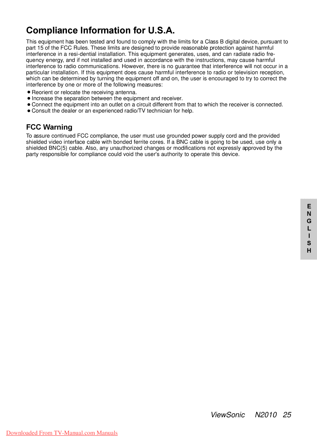 ViewSonic N2010 manual Compliance Information for U.S.A, FCC Warning 