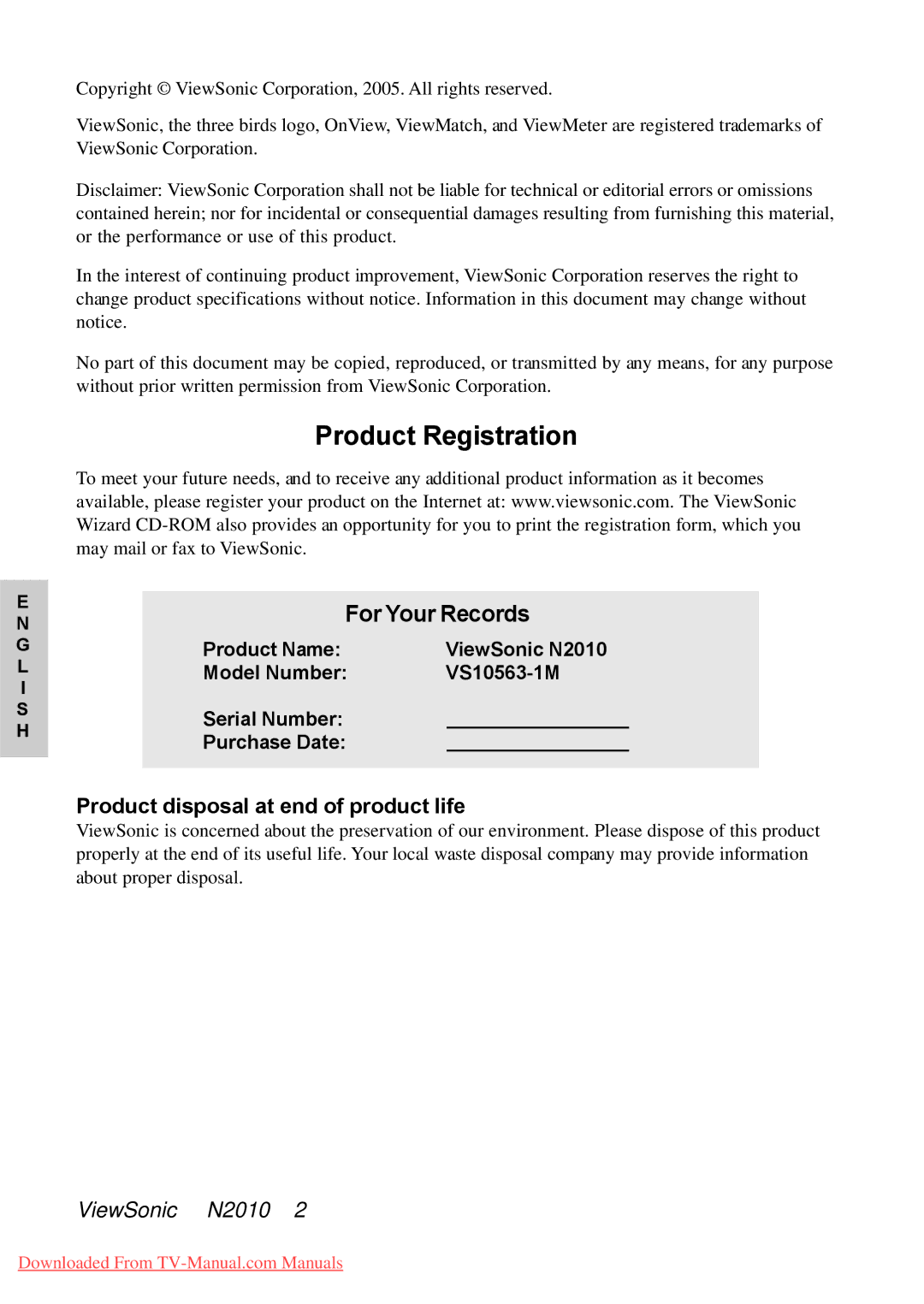 ViewSonic N2010 manual Product Registration, For Your Records, Product disposal at end of product life 