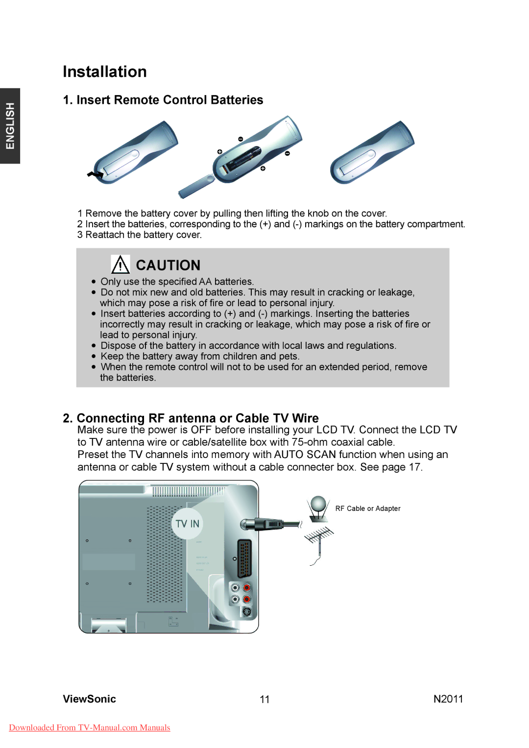 ViewSonic N2011 manual Installation, Insert Remote Control Batteries, Connecting RF antenna or Cable TV Wire 