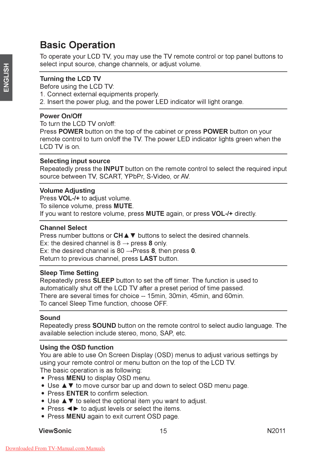 ViewSonic N2011 manual Basic Operation, Turning the LCD TV 