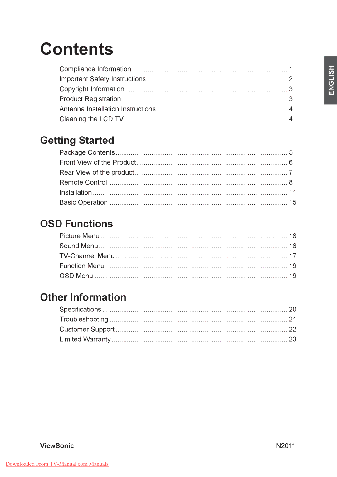 ViewSonic N2011 manual Contents 