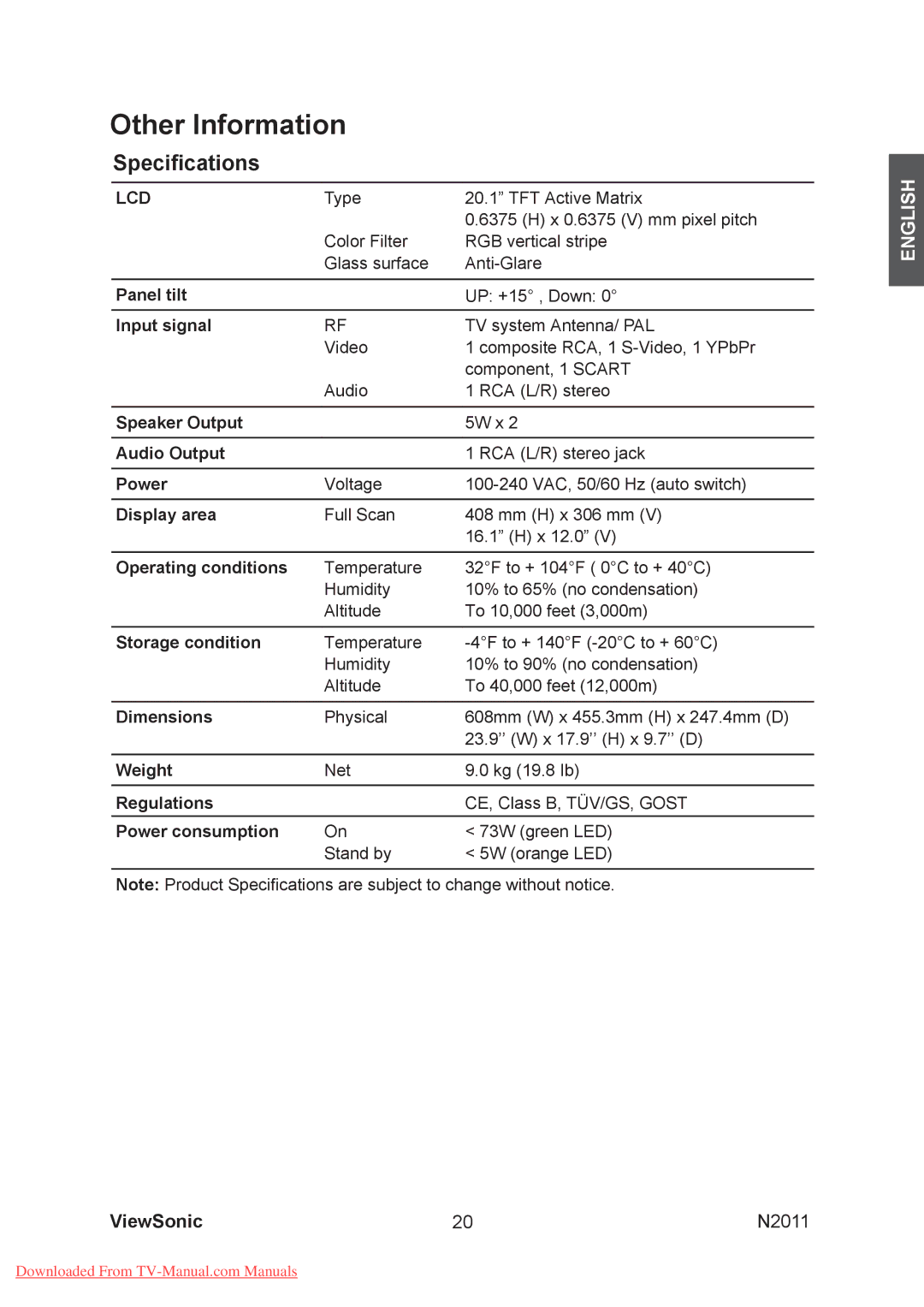 ViewSonic N2011 manual Speciﬁcations, Lcd 