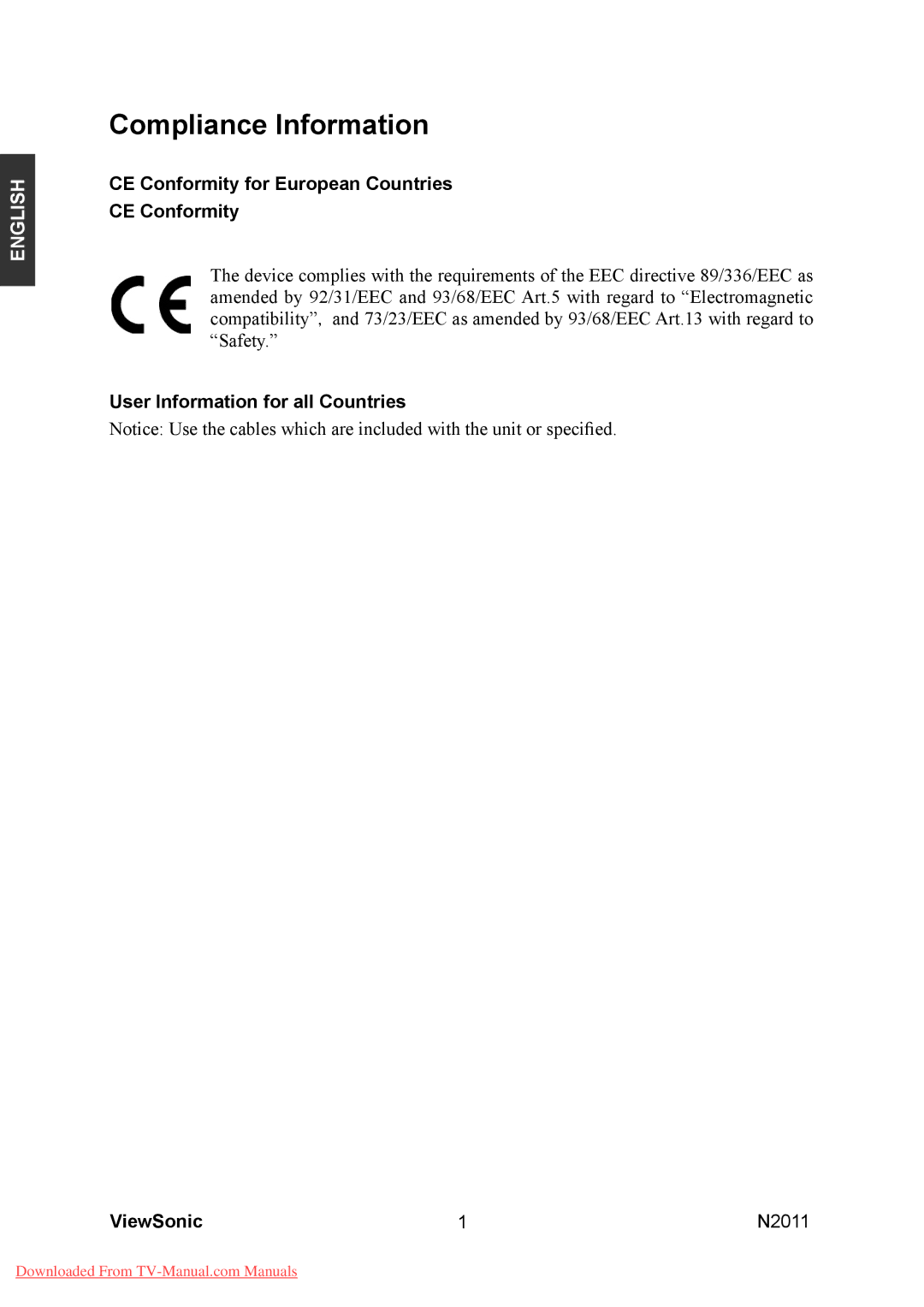 ViewSonic N2011 manual Compliance Information, CE Conformity for European Countries 