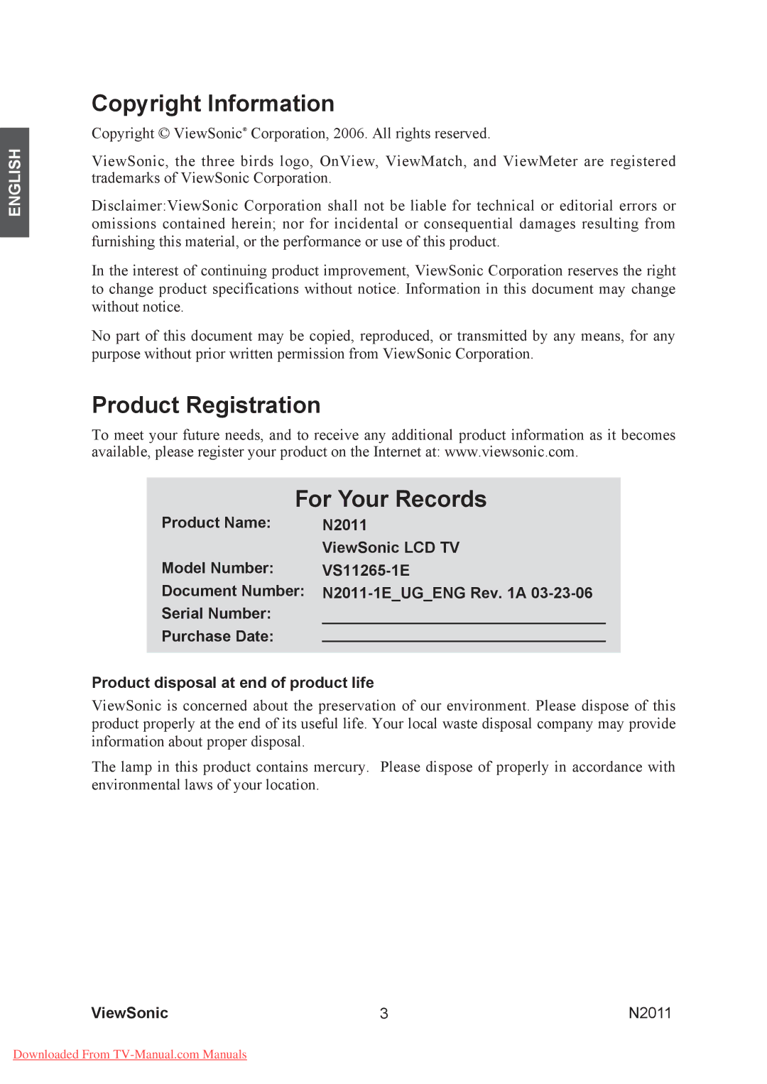 ViewSonic N2011 manual Copyright Information, Product Registration For Your Records 