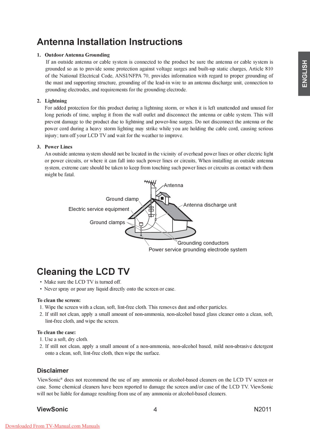 ViewSonic N2011 manual Antenna Installation Instructions, Cleaning the LCD TV 