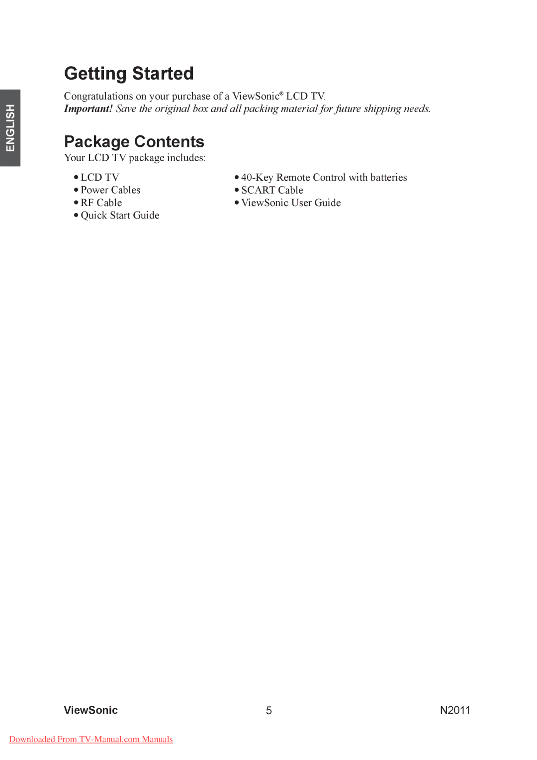 ViewSonic N2011 manual Getting Started, Package Contents 