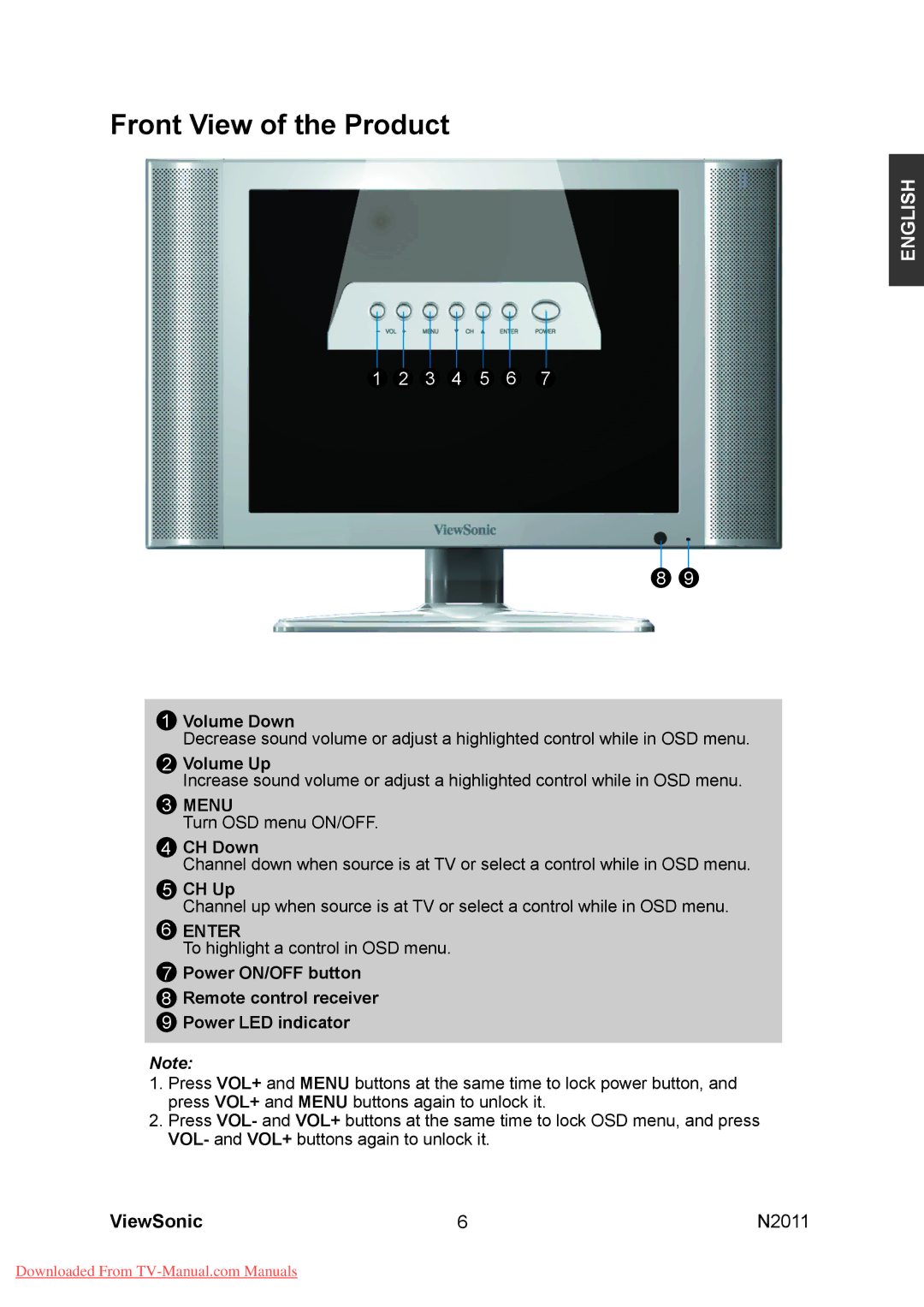 ViewSonic N2011 manual Front View of the Product, Menu 