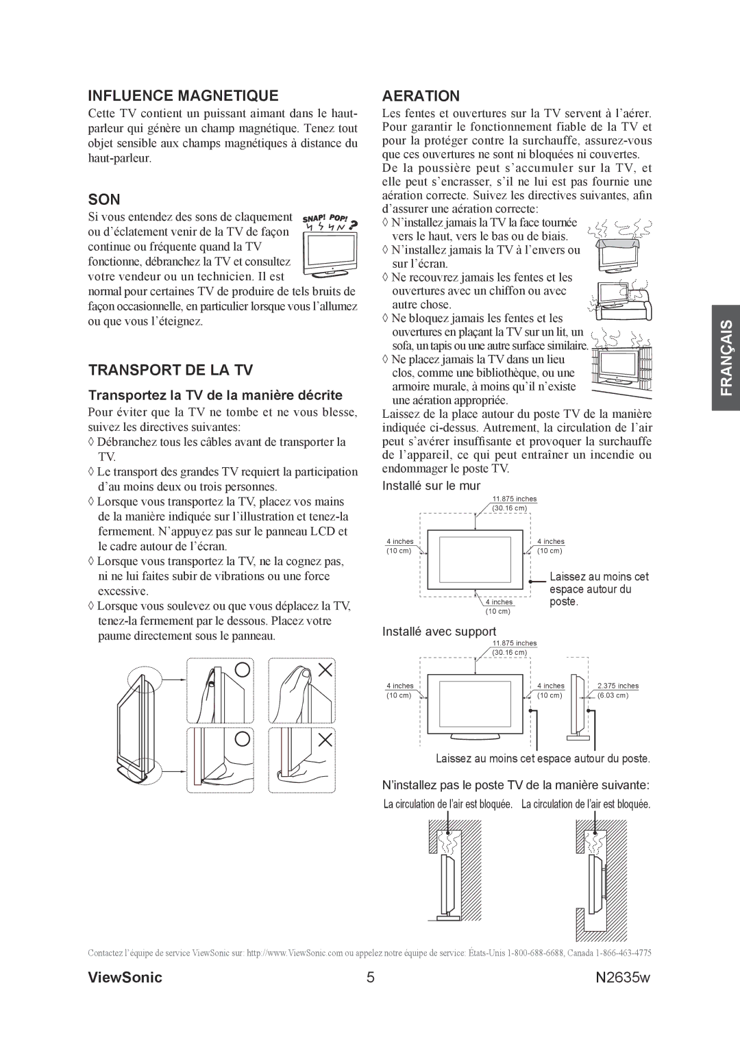 ViewSonic N2635w manual Influence Magnetique, Transportez la TV de la manière décrite 