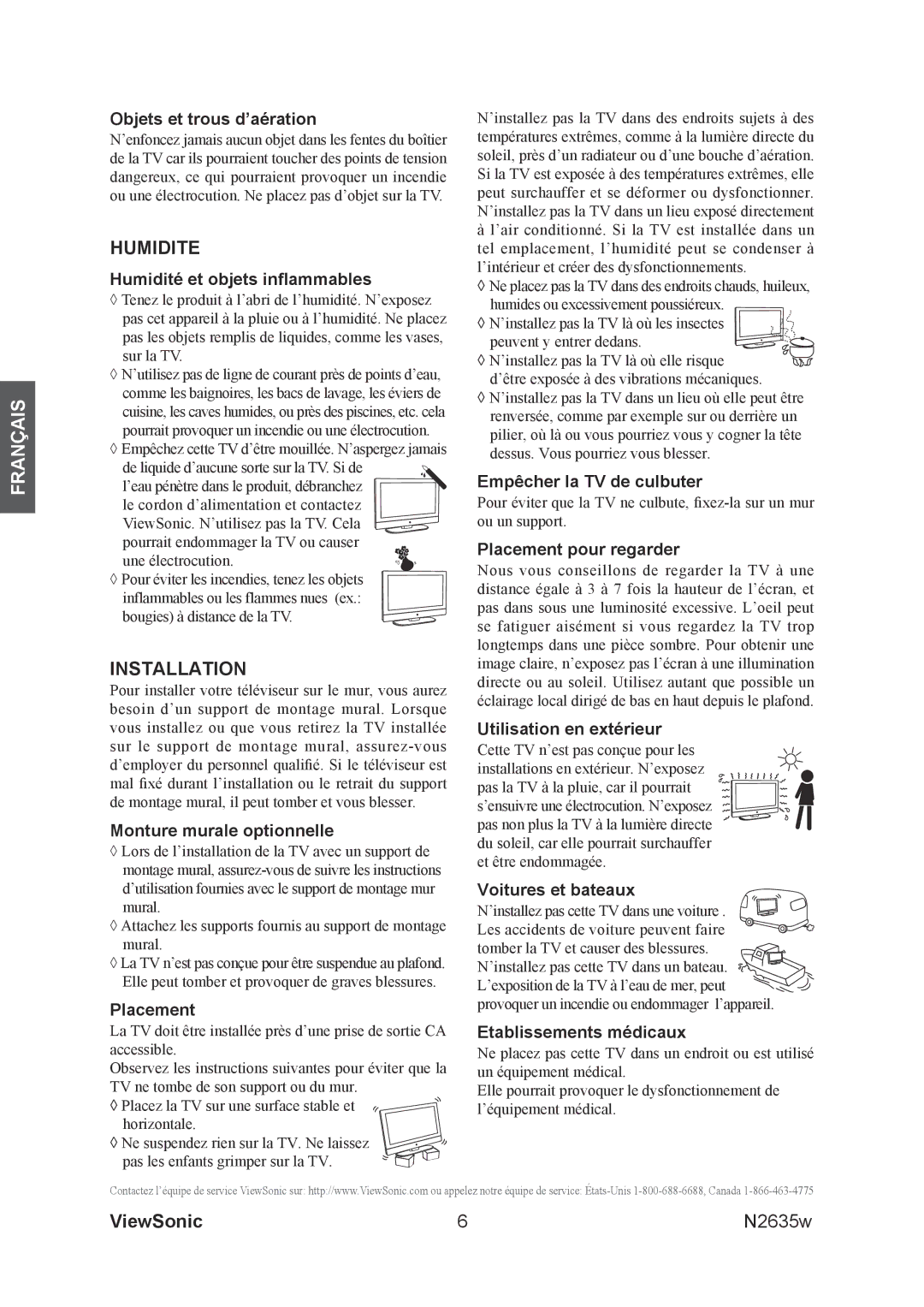 ViewSonic N2635w manual Objets et trous d’aération, Humidité et objets inflammables, Monture murale optionnelle, Placement 