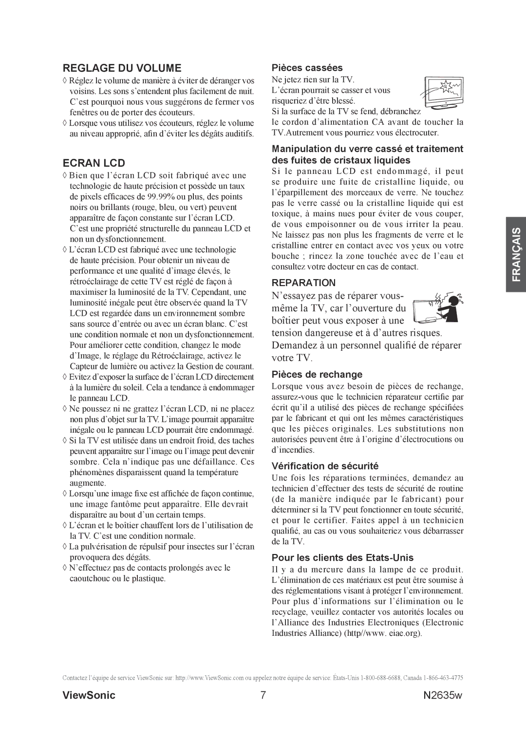 ViewSonic N2635w manual Pièces de rechange, Vérification de sécurité, Pour les clients des Etats-Unis 