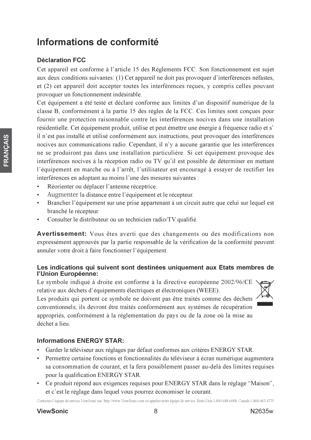 ViewSonic N2635w manual Informations de conformité, Déclaration FCC, Informations Energy Star 