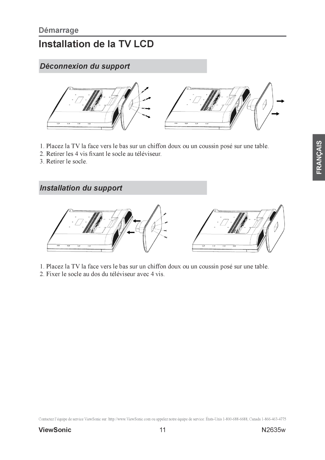 ViewSonic N2635w manual Installation de la TV LCD, Déconnexion du support, Installation du support 