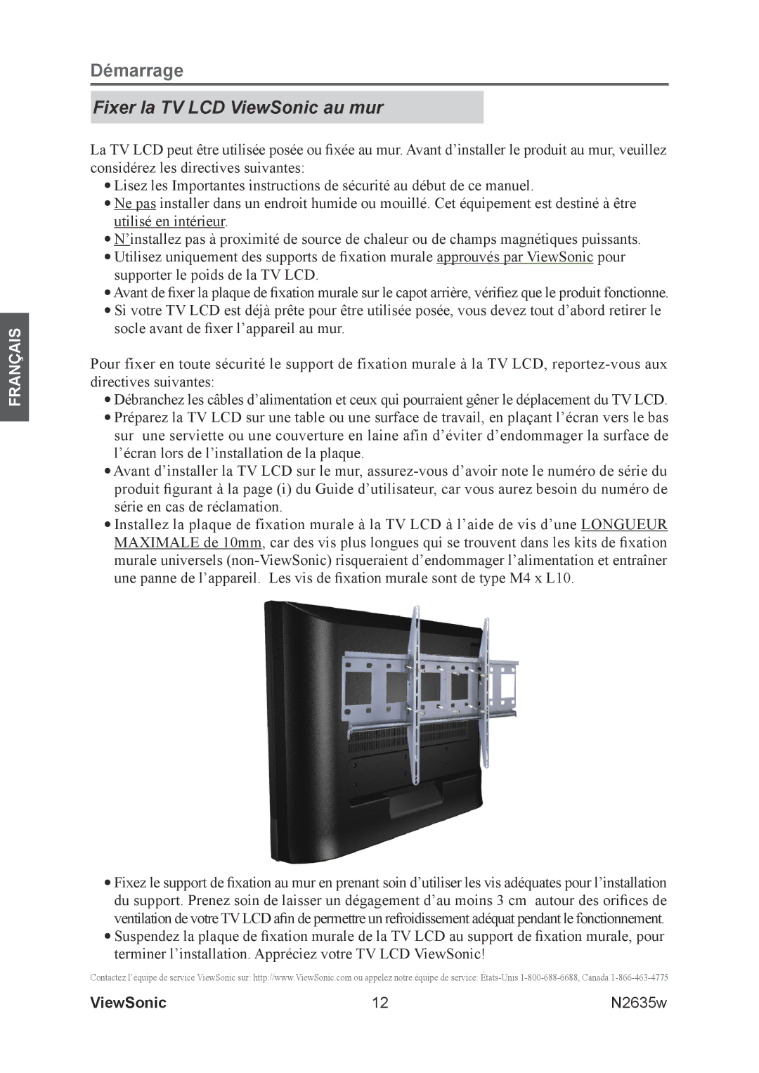 ViewSonic N2635w manual Fixer la TV LCD ViewSonic au mur 