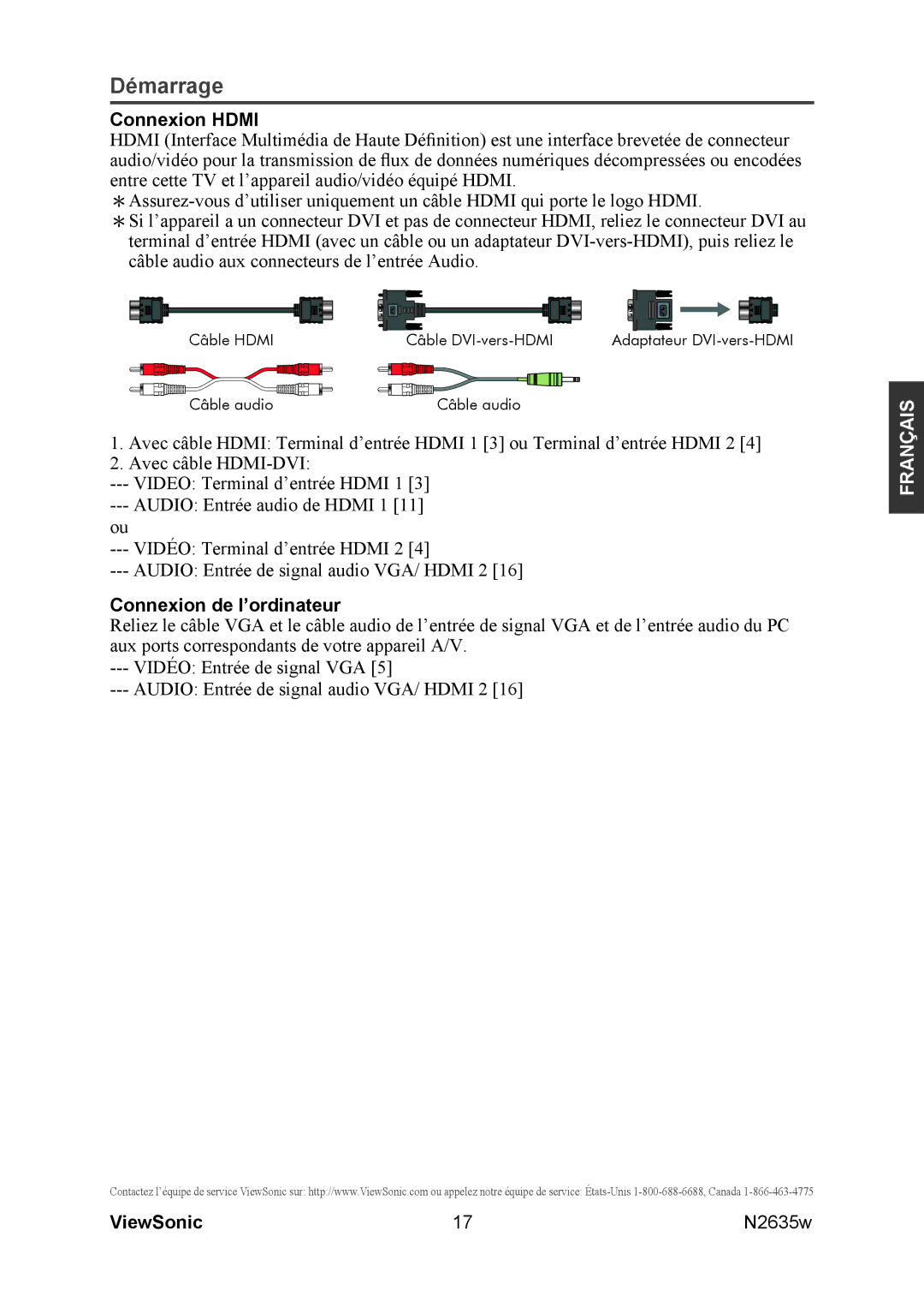 ViewSonic N2635w manual Connexion Hdmi, Connexion de l’ordinateur 