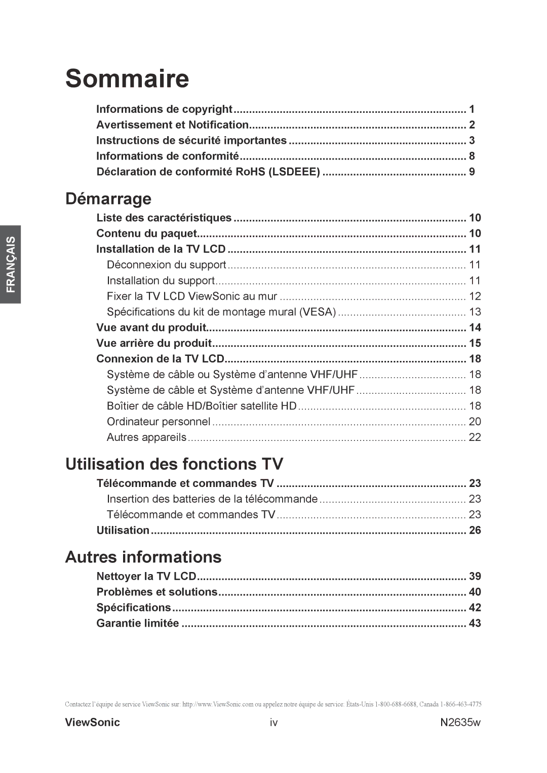 ViewSonic N2635w manual Démarrage, Utilisation des fonctions TV, Autres informations 