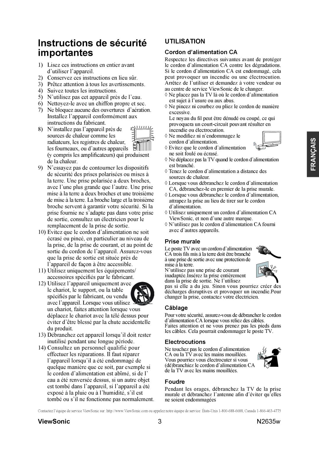 ViewSonic N2635w manual Instructions de sécurité importantes 