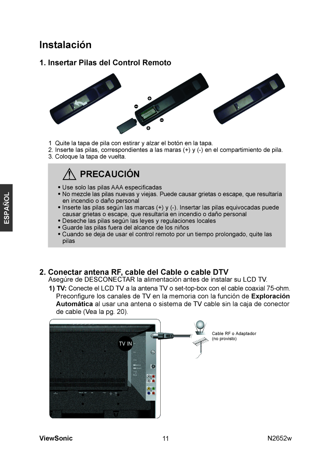 ViewSonic N2652w manual Instalación, Insertar Pilas del Control Remoto 