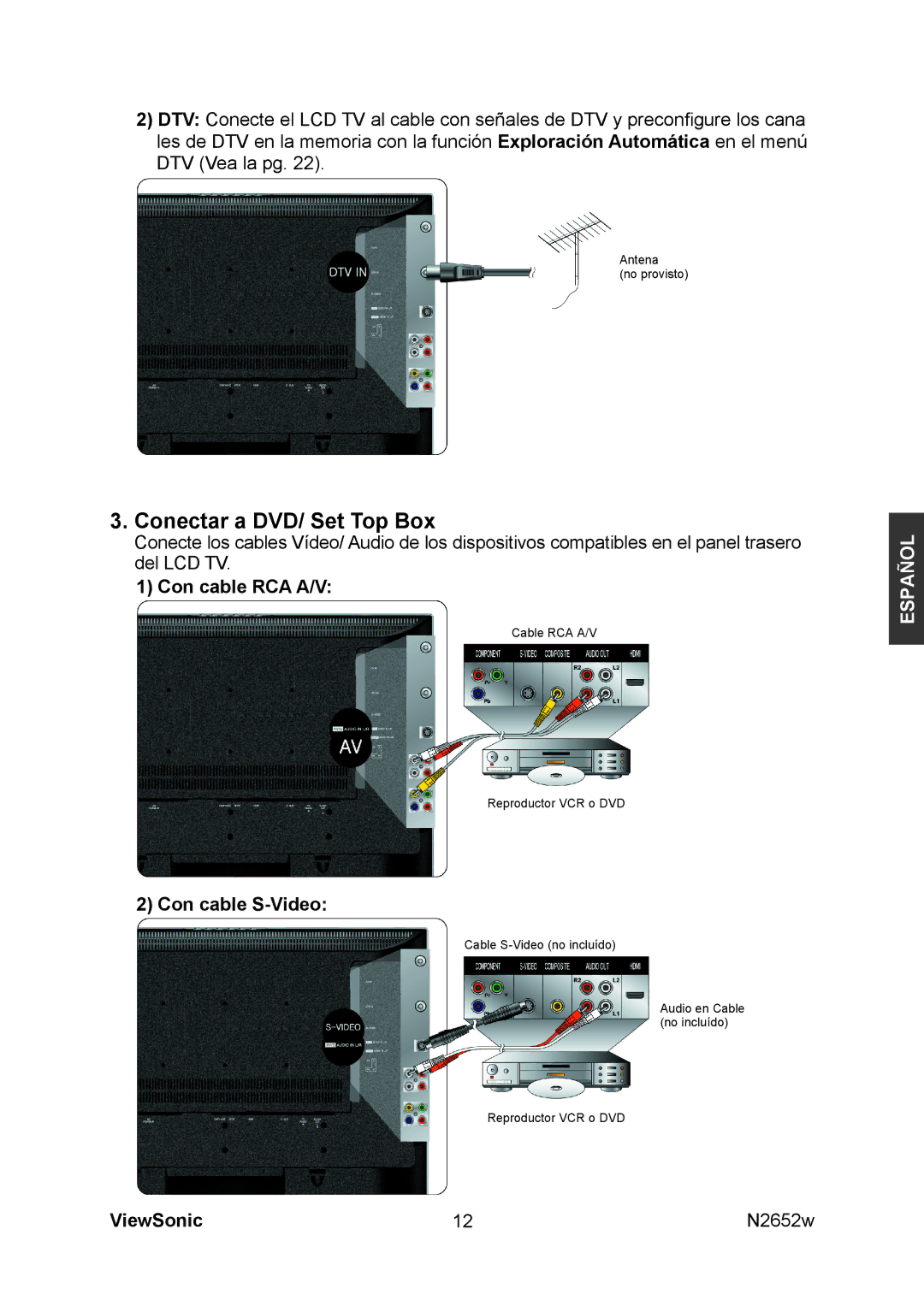 ViewSonic N2652w manual Con cable RCA A/V, Con cable S-Video 