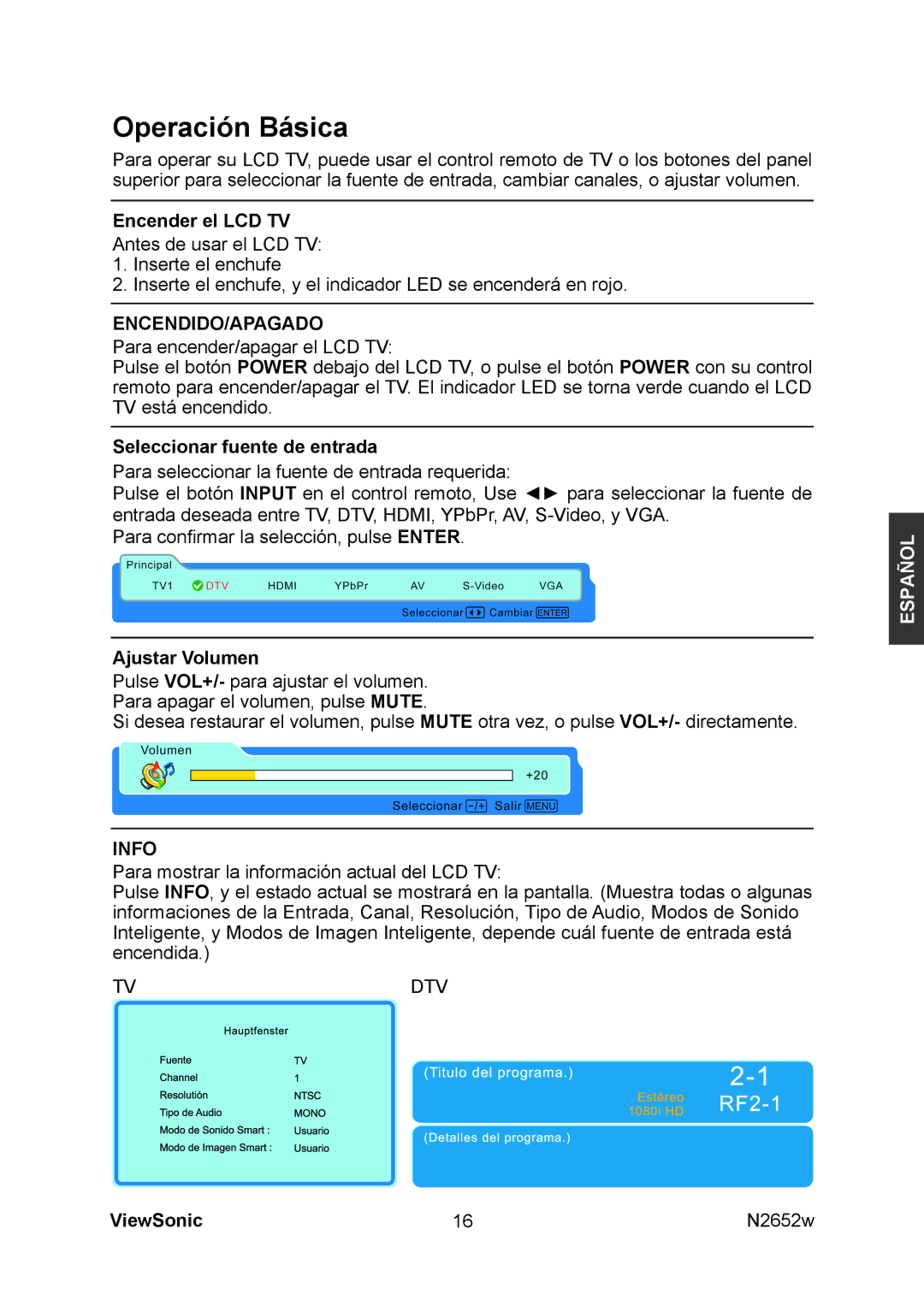 ViewSonic N2652w manual Operación Básica, Encender el LCD TV, Seleccionar fuente de entrada, Ajustar Volumen 