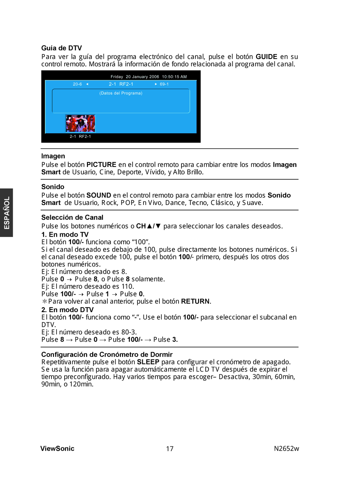 ViewSonic N2652w manual Guía de DTV, Imagen, Sonido, Selección de Canal, En modo TV, En modo DTV 
