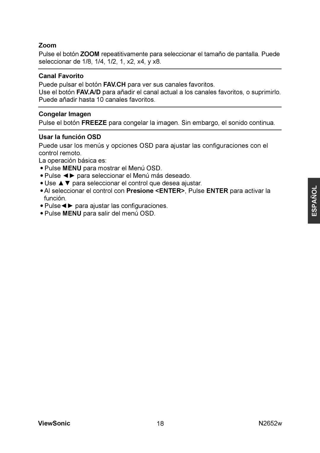 ViewSonic N2652w manual Zoom, Canal Favorito, Congelar Imagen, Usar la función OSD 