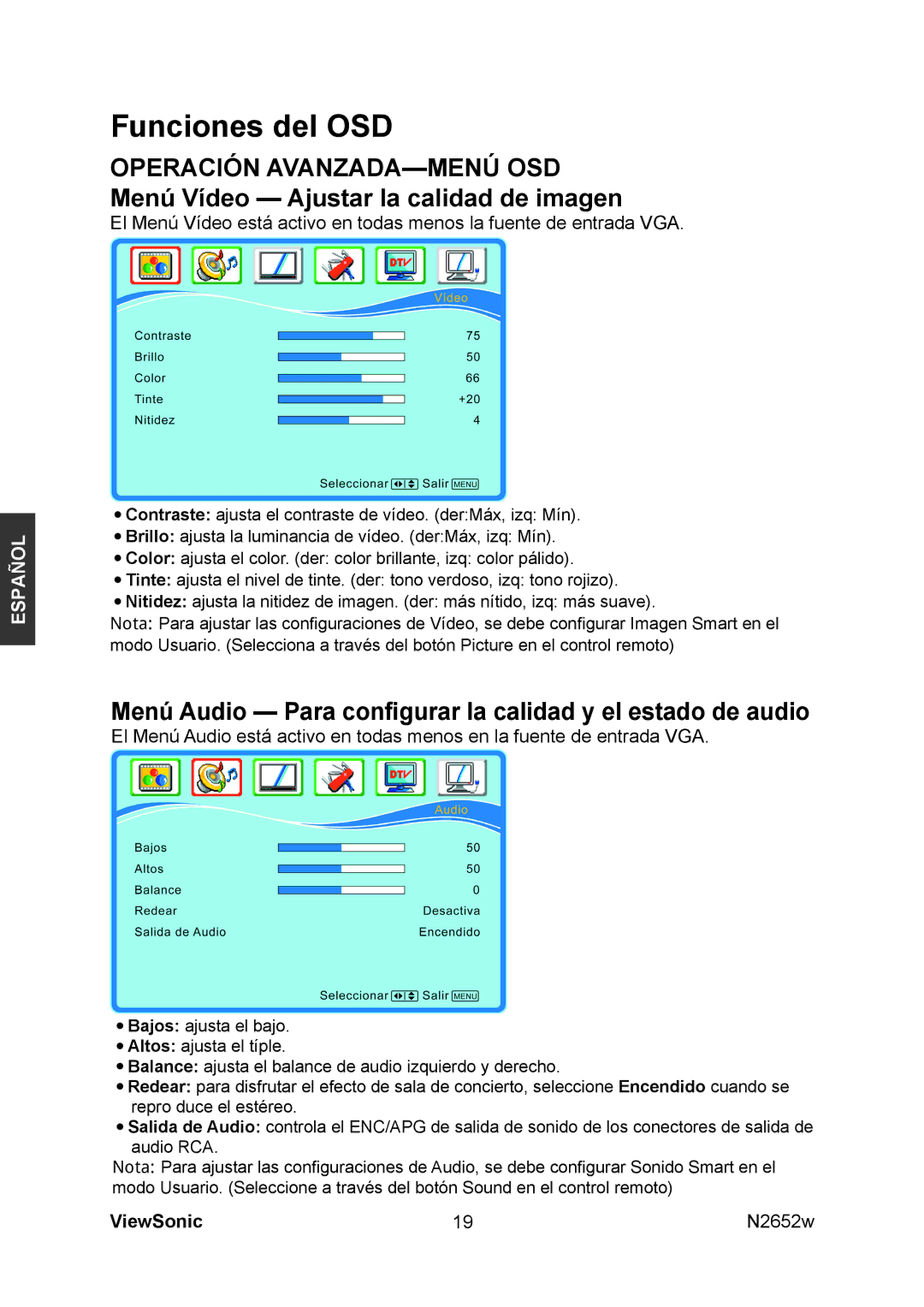 ViewSonic N2652w manual Funciones del OSD 