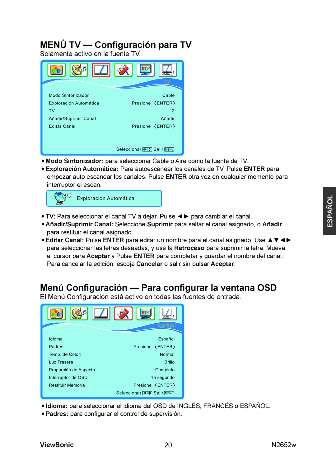 ViewSonic N2652w manual Menú TV Conﬁguración para TV 