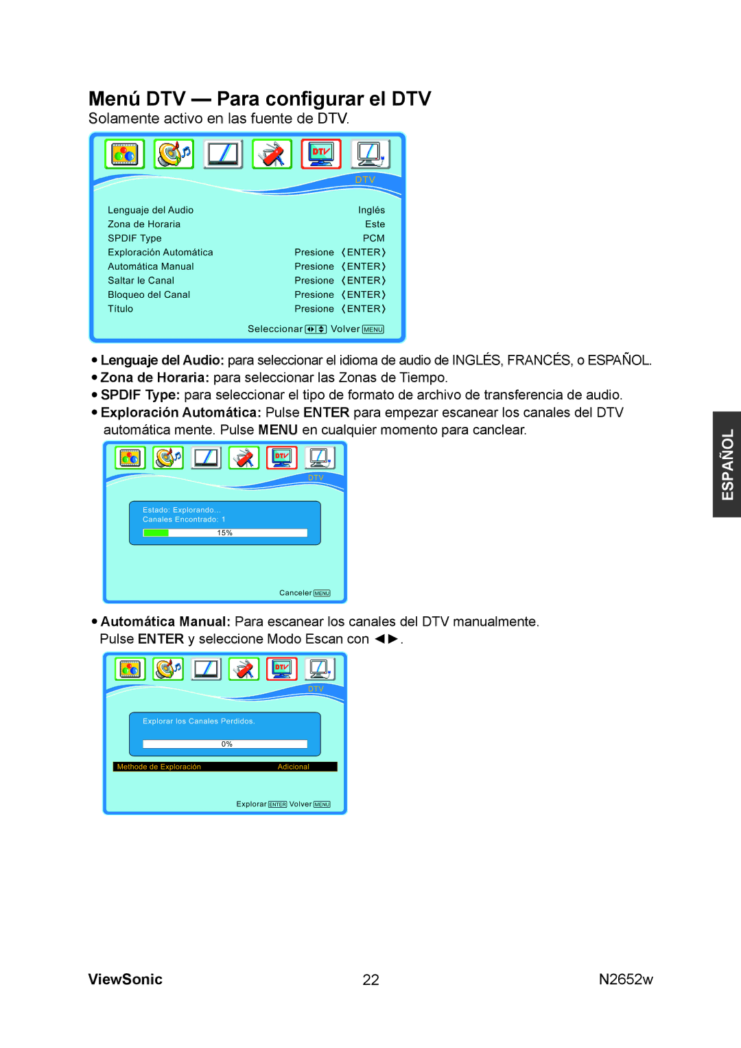 ViewSonic N2652w manual Menú DTV Para conﬁgurar el DTV 