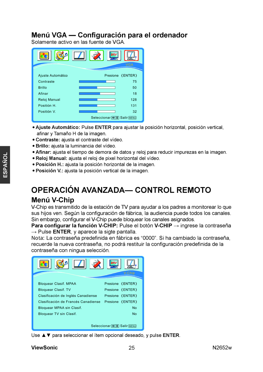 ViewSonic N2652w manual Operación AVANZADA- Control Remoto 