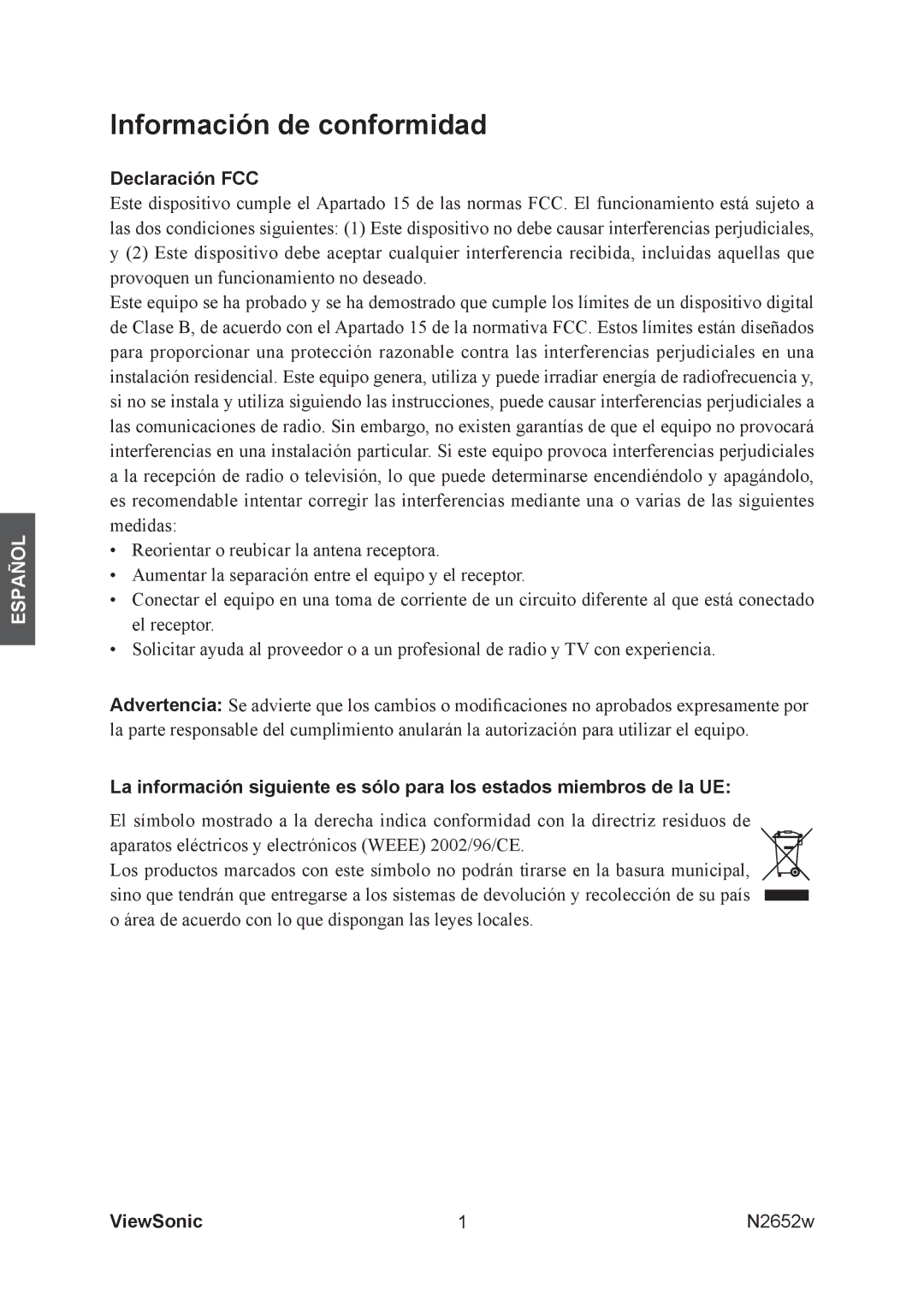 ViewSonic N2652w manual Información de conformidad, Declaración FCC 