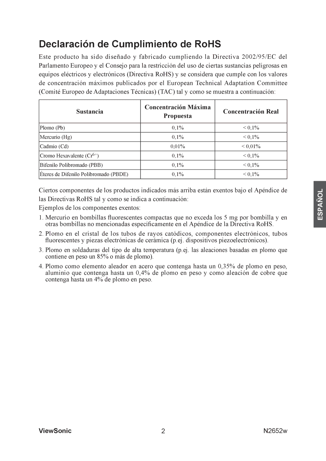 ViewSonic N2652w manual Declaración de Cumplimiento de RoHS, Sustancia Concentración Máxima Concentración Real Propuesta 