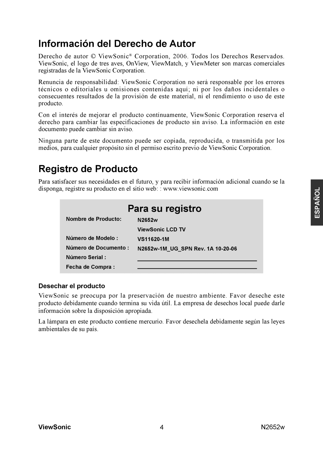 ViewSonic N2652w manual Información del Derecho de Autor, Registro de Producto Para su registro, Desechar el producto 