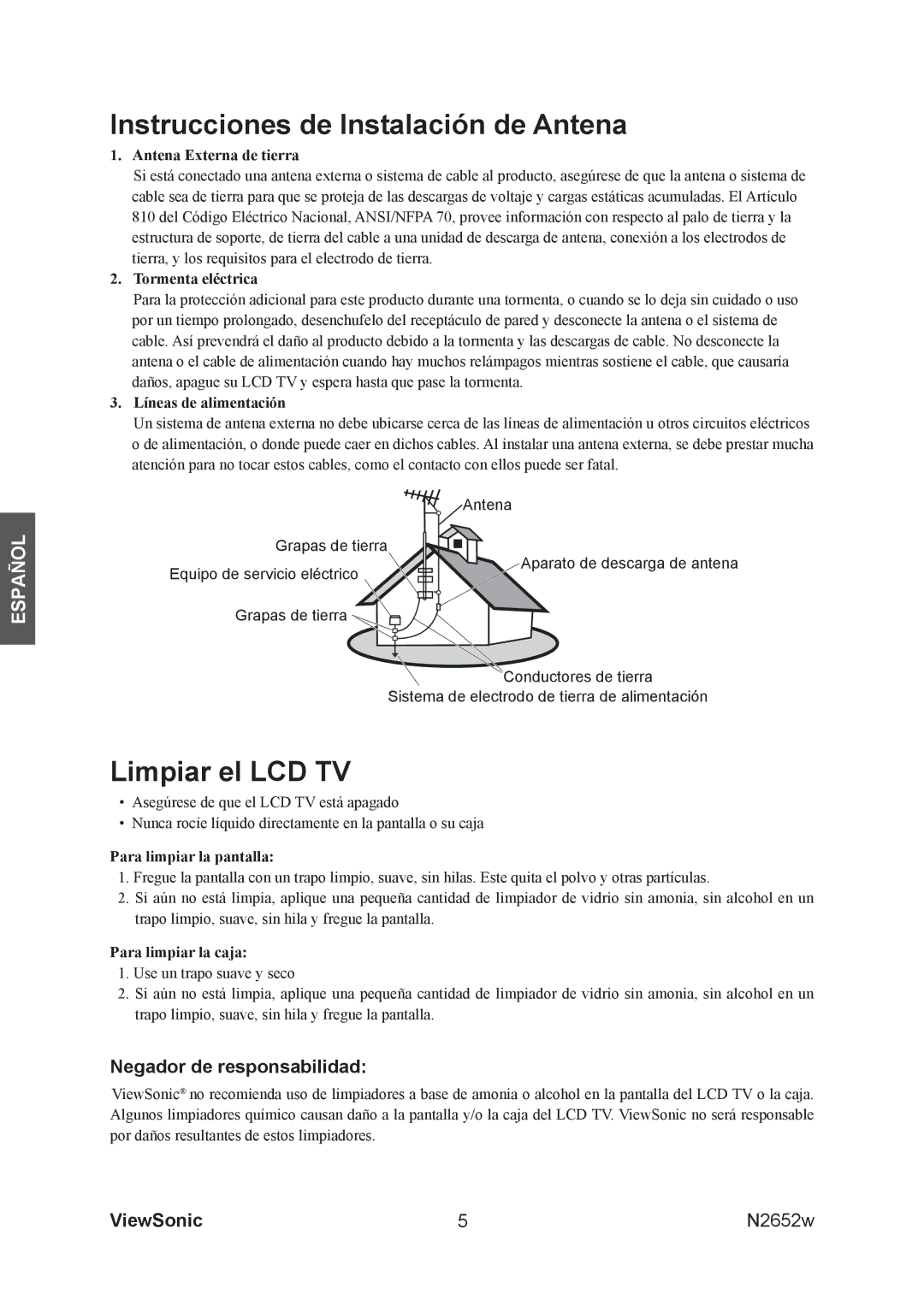 ViewSonic N2652w manual Instrucciones de Instalación de Antena, Limpiar el LCD TV, Negador de responsabilidad 