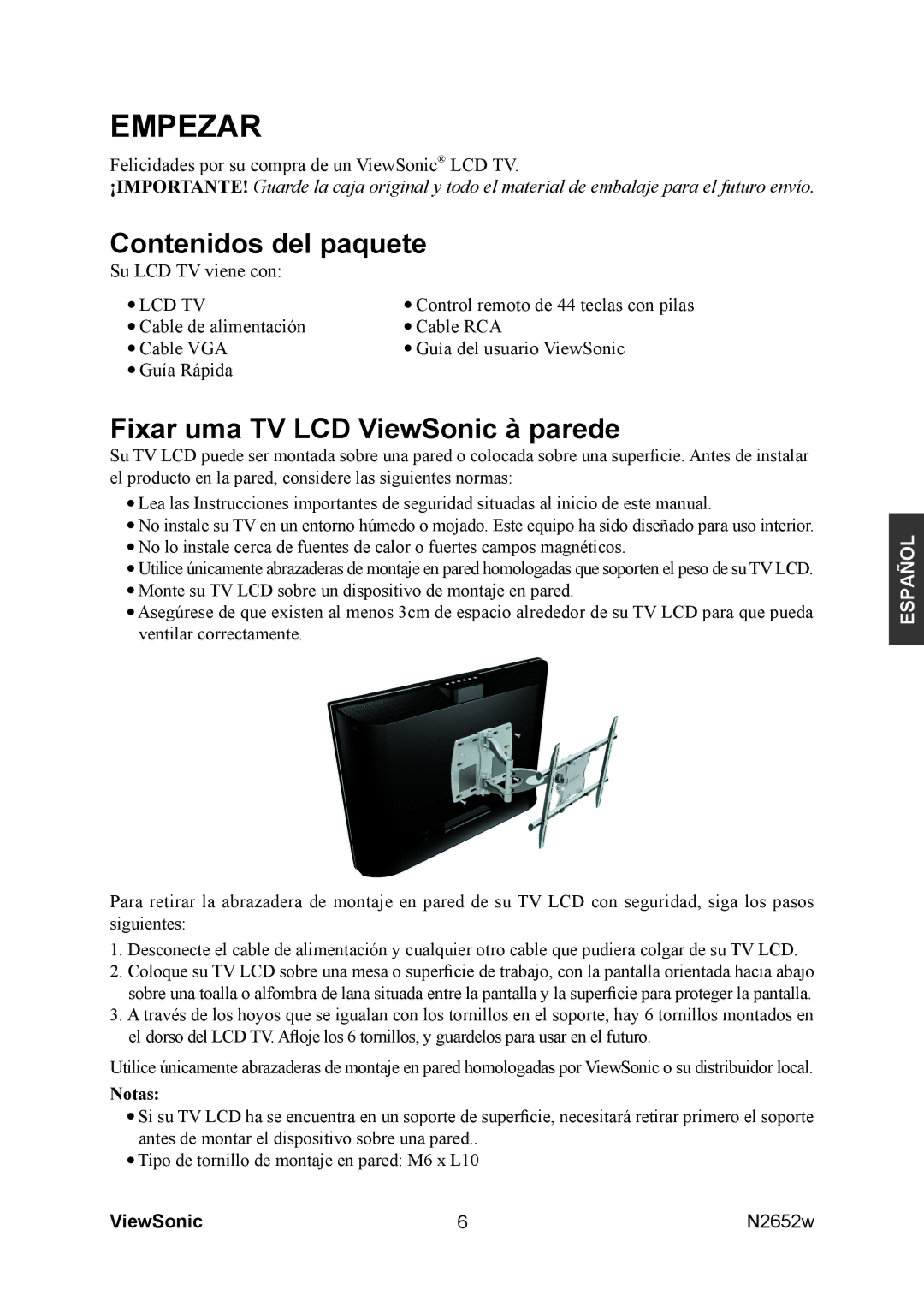 ViewSonic N2652w manual Contenidos del paquete, Fixar uma TV LCD ViewSonic à parede 