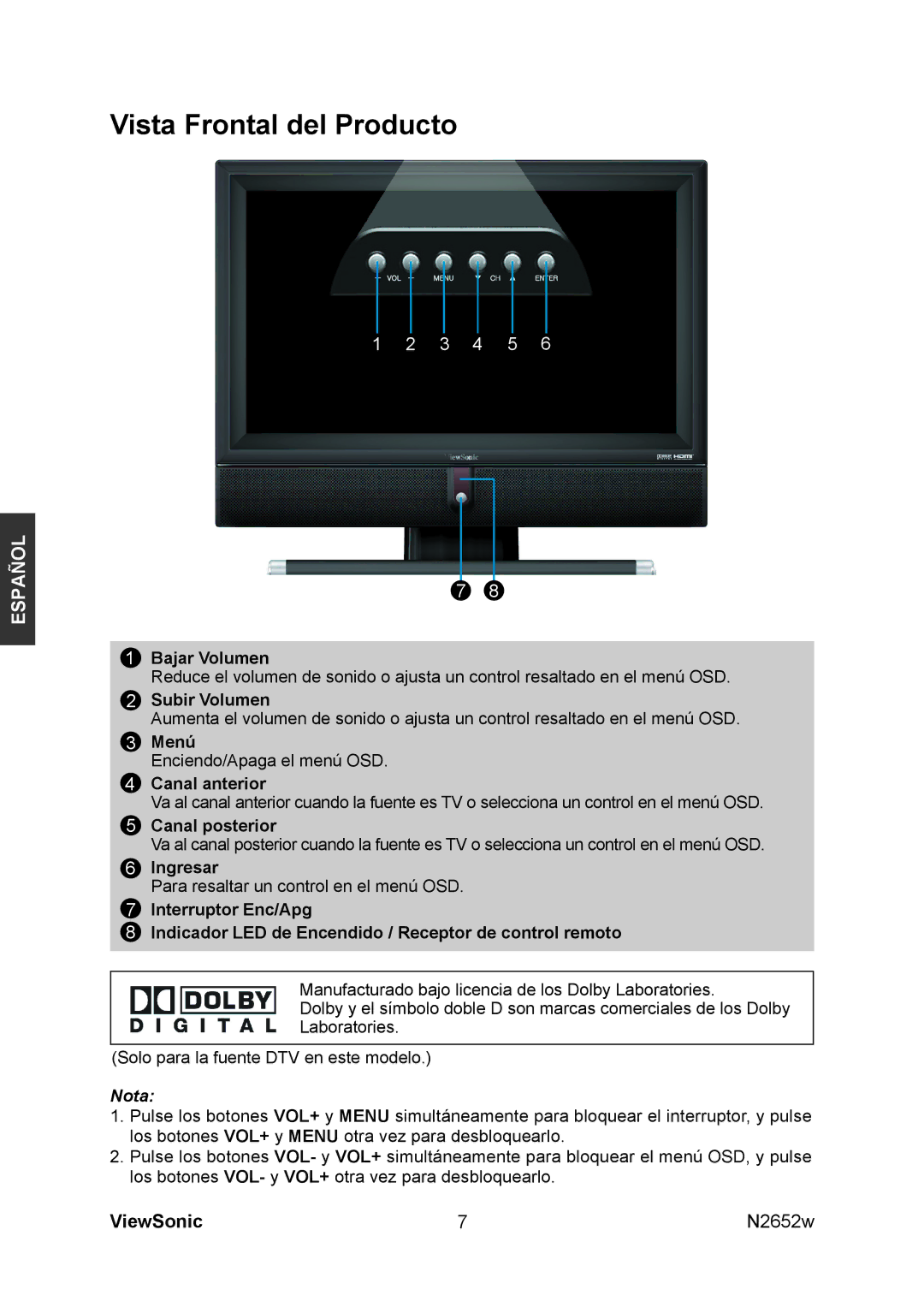 ViewSonic N2652w manual Vista Frontal del Producto, Nota 