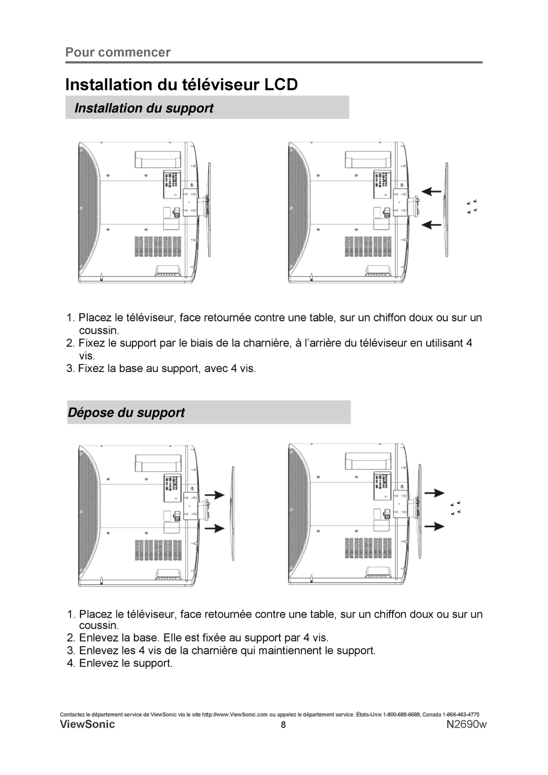 ViewSonic N2690w warranty Installation du téléviseur LCD, Installation du support, Dépose du support 