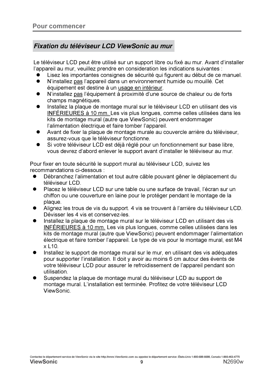 ViewSonic N2690w warranty Fixation du téléviseur LCD ViewSonic au mur 