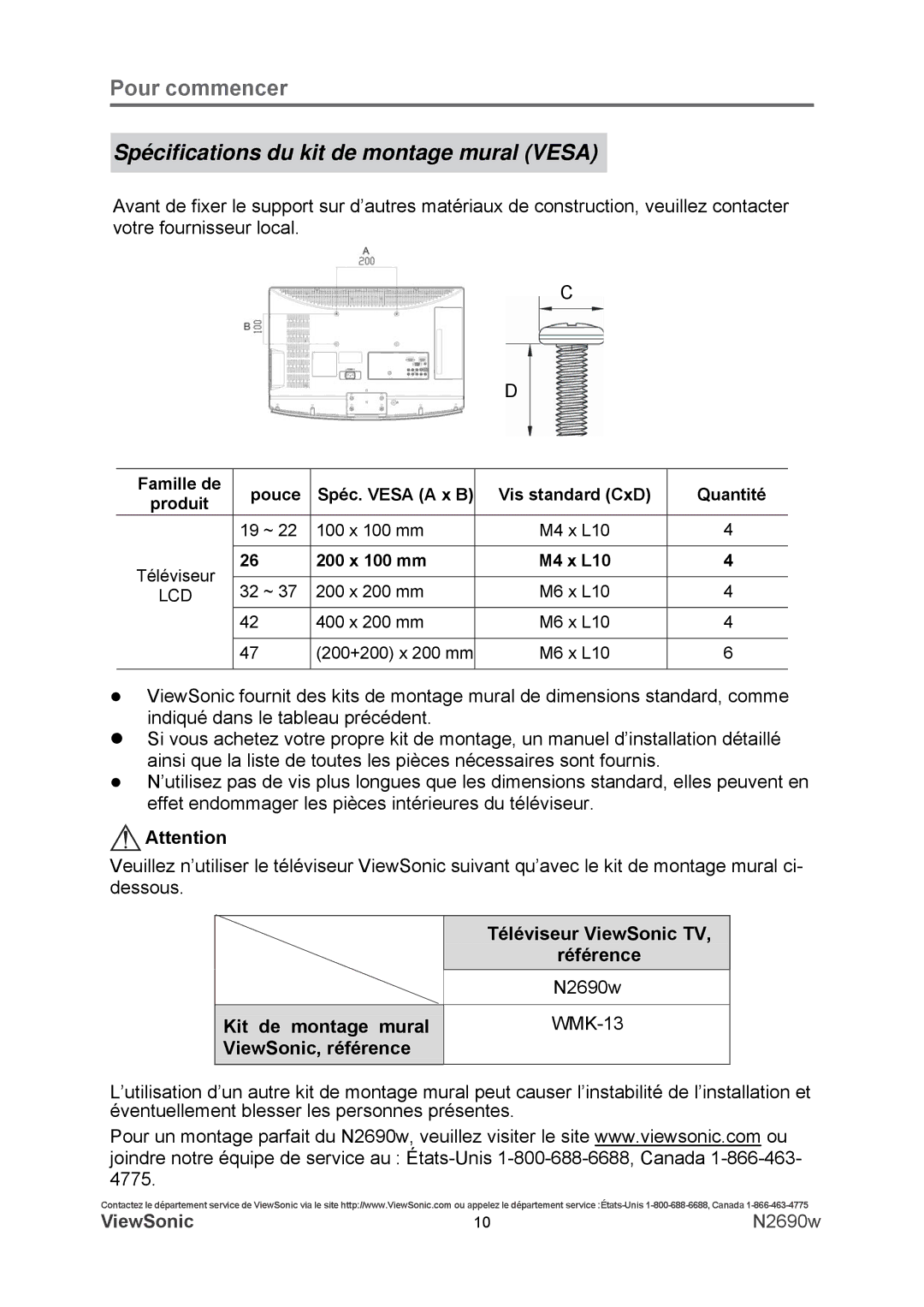 ViewSonic N2690w warranty Spécifications du kit de montage mural Vesa, 200 x 100 mm 