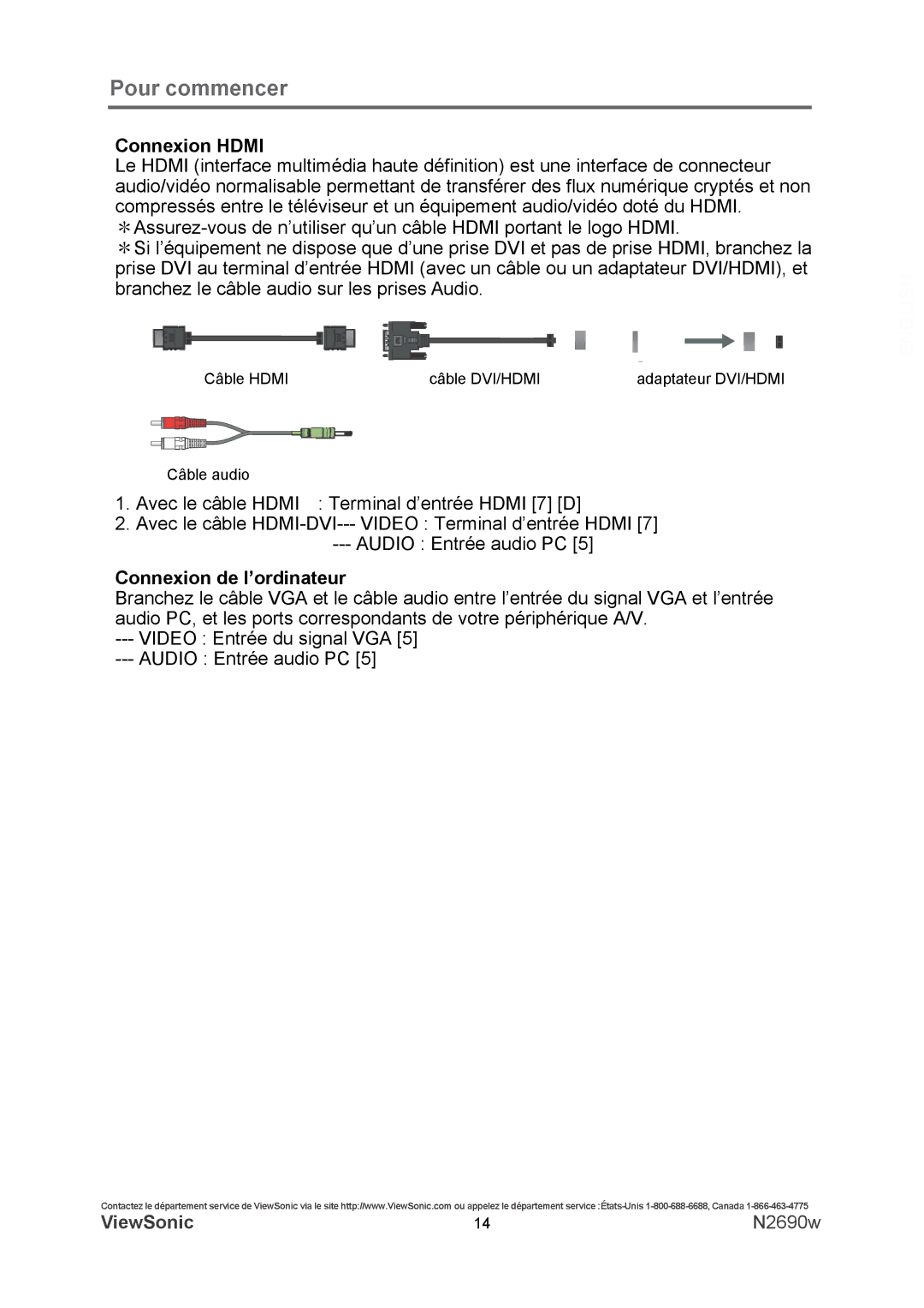 ViewSonic N2690w warranty Connexion Hdmi, Connexion de l’ordinateur 