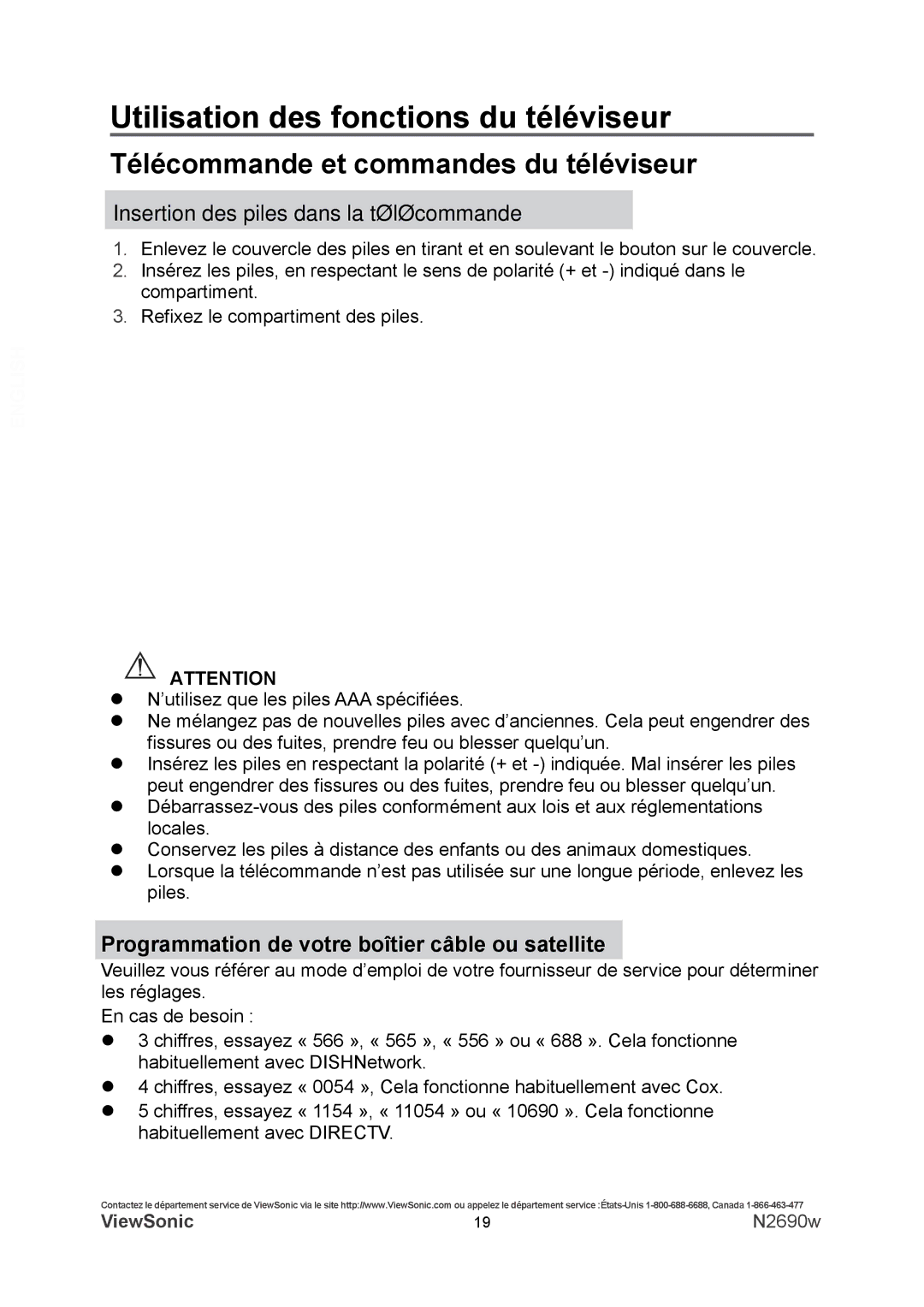 ViewSonic N2690w warranty Télécommande et commandes du téléviseur, Insertion des piles dans la télécommande 