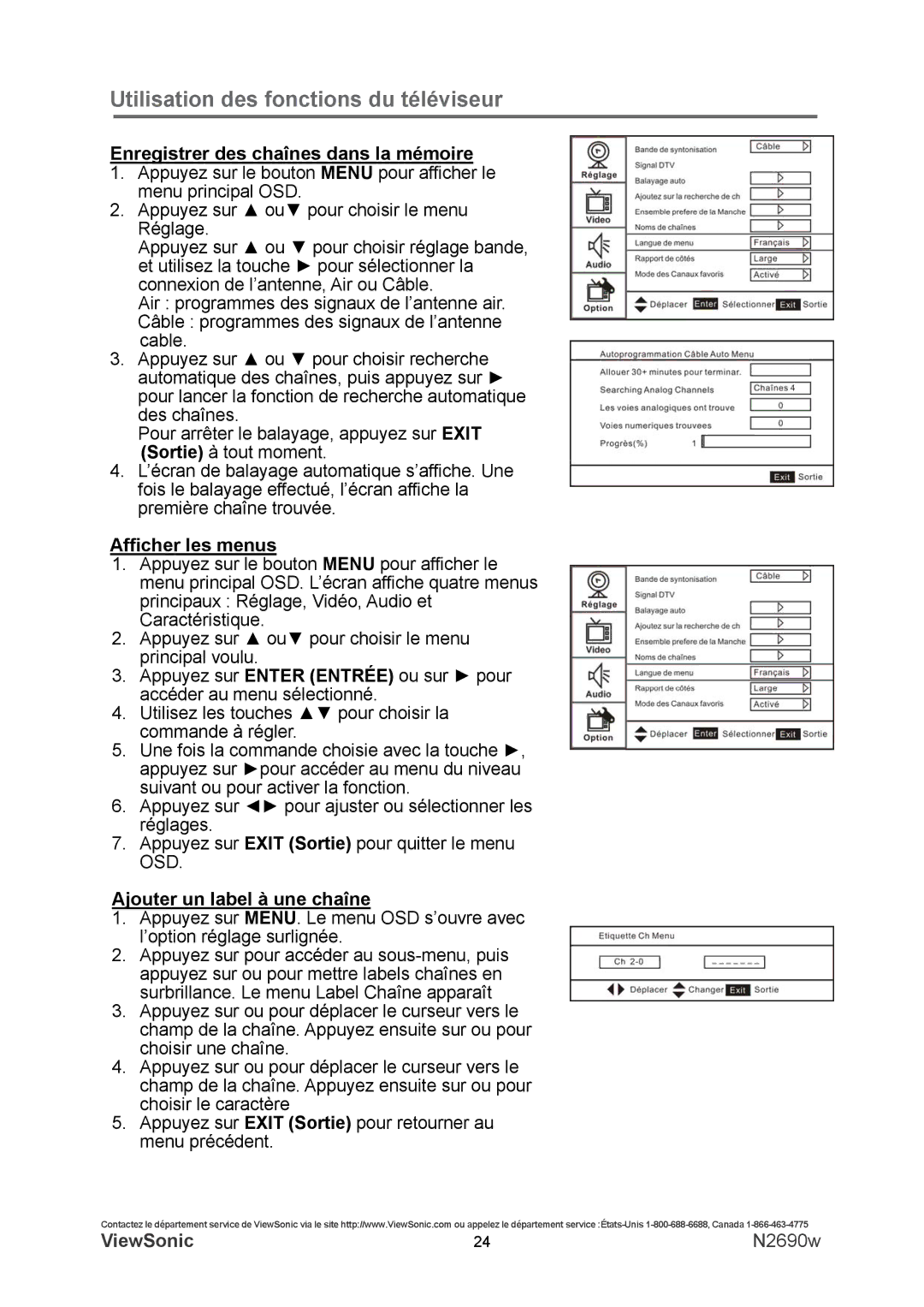 ViewSonic N2690w warranty Enregistrer des chaînes dans la mémoire, Afficher les menus, Ajouter un label à une chaîne 
