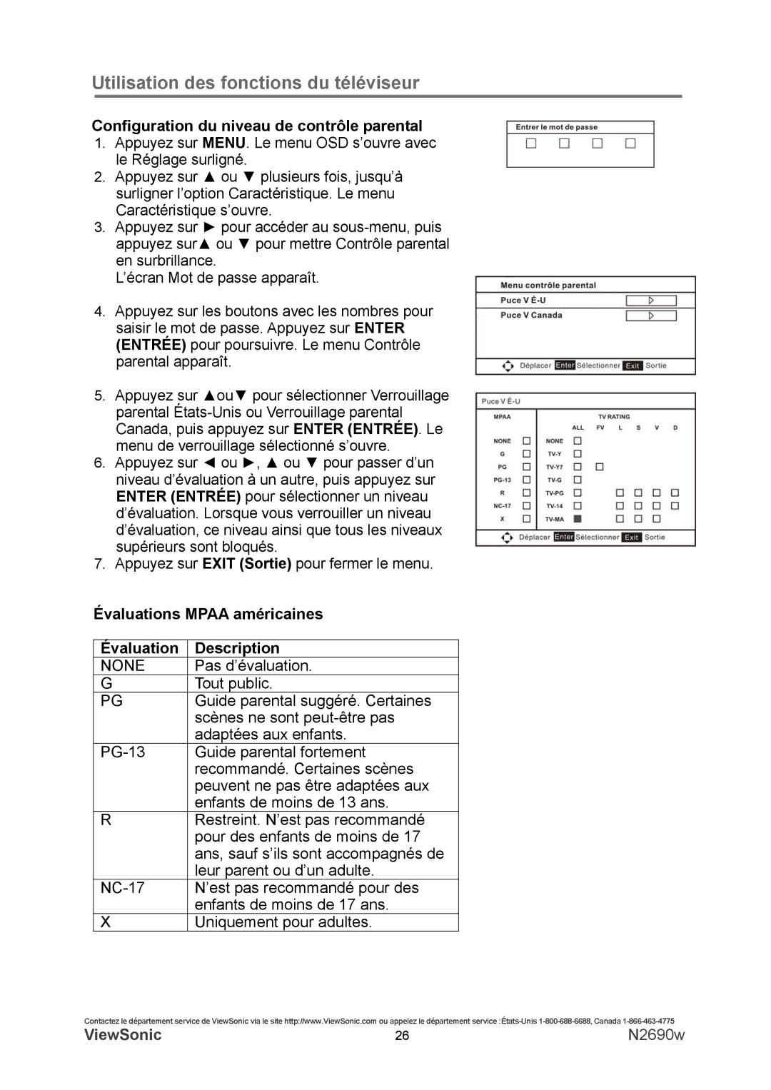 ViewSonic N2690w warranty Configuration du niveau de contrôle parental, Évaluations Mpaa américaines Description 