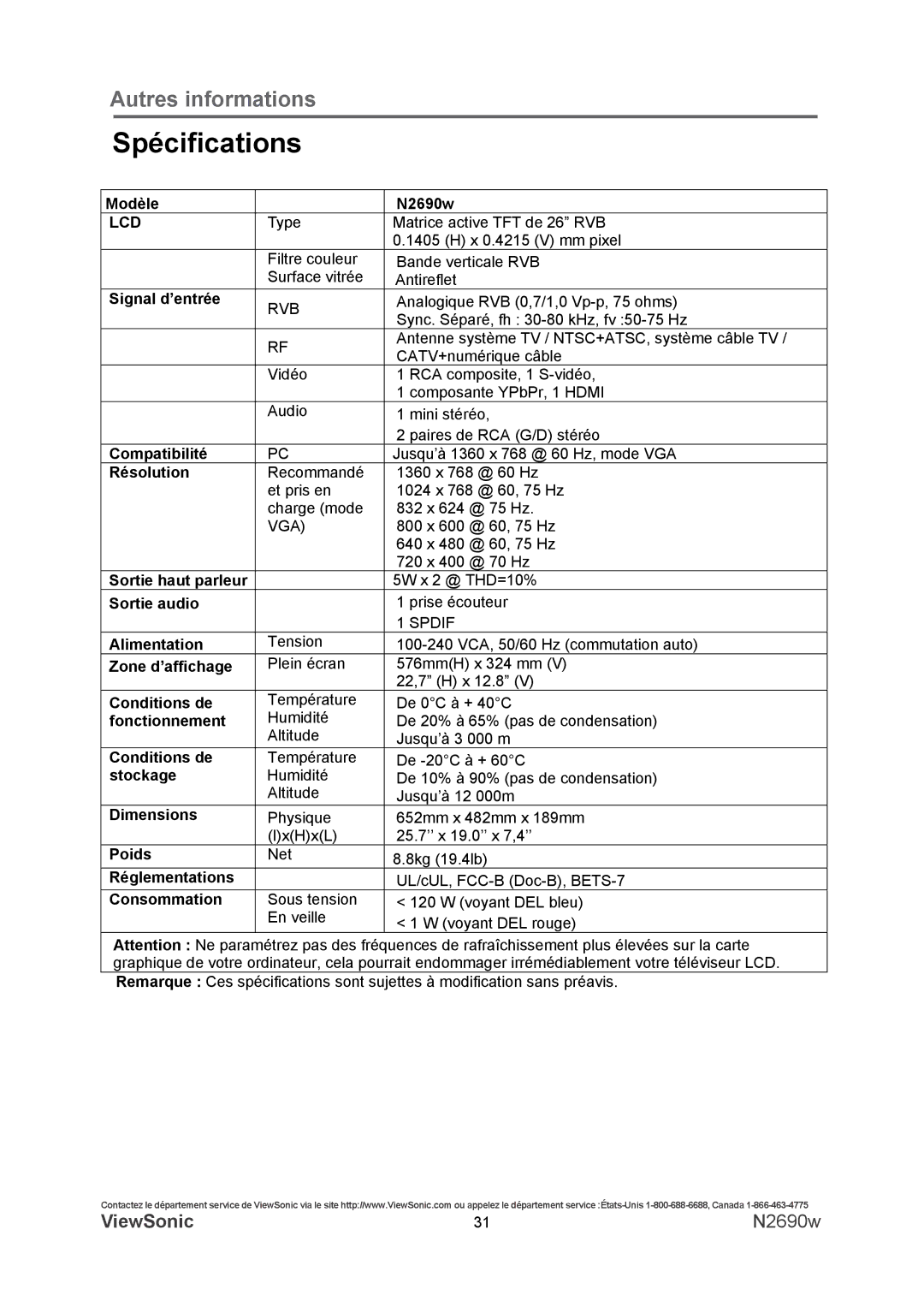 ViewSonic N2690w warranty Spécifications, Lcd 