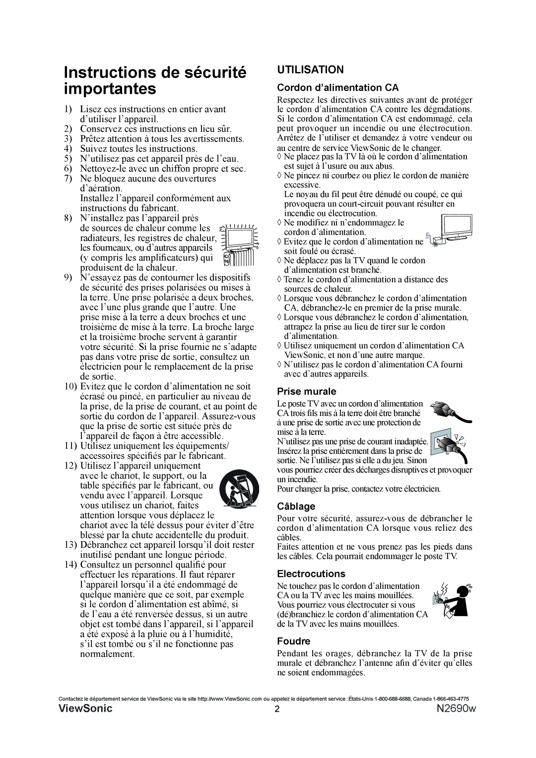 ViewSonic N2690w warranty Instructions de sécurité importantes, Utilisation 