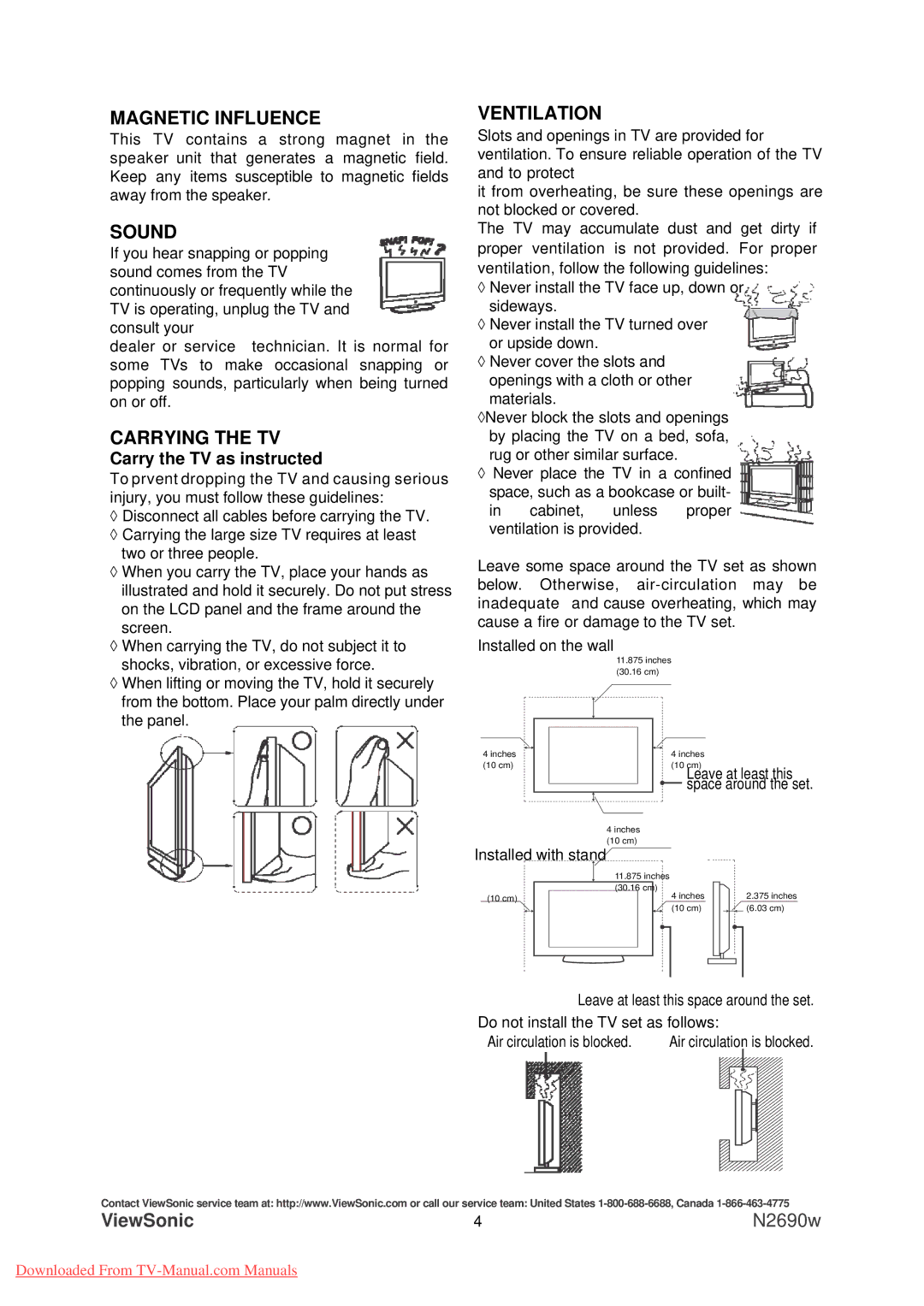 ViewSonic N2690w warranty Magnetic Influence, Sound, Carrying the TV, Ventilation, Carry the TV as instructed 