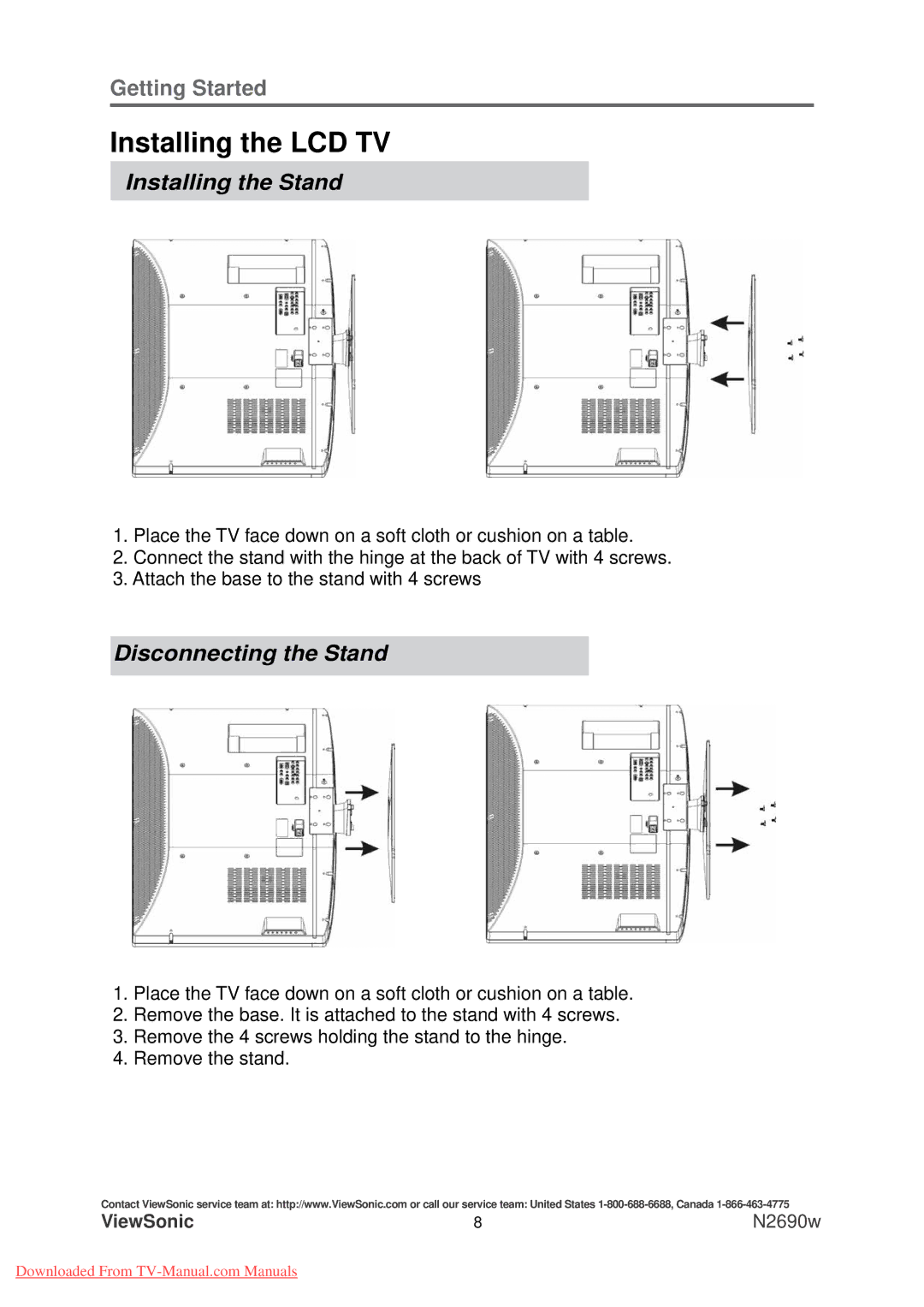 ViewSonic N2690w warranty Installing the LCD TV, Installing the Stand, Disconnecting the Stand 