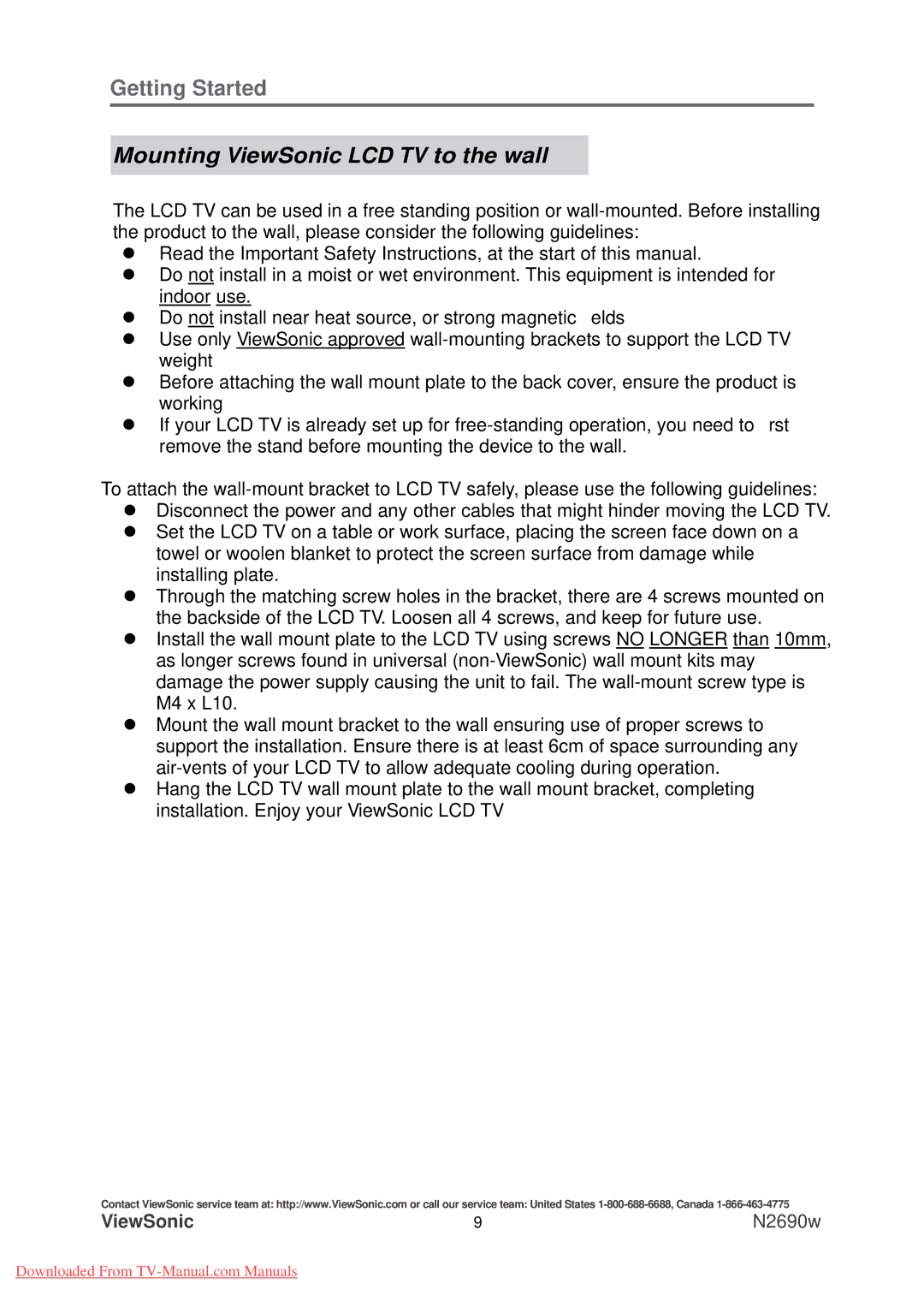 ViewSonic N2690w warranty Mounting ViewSonic LCD TV to the wall 